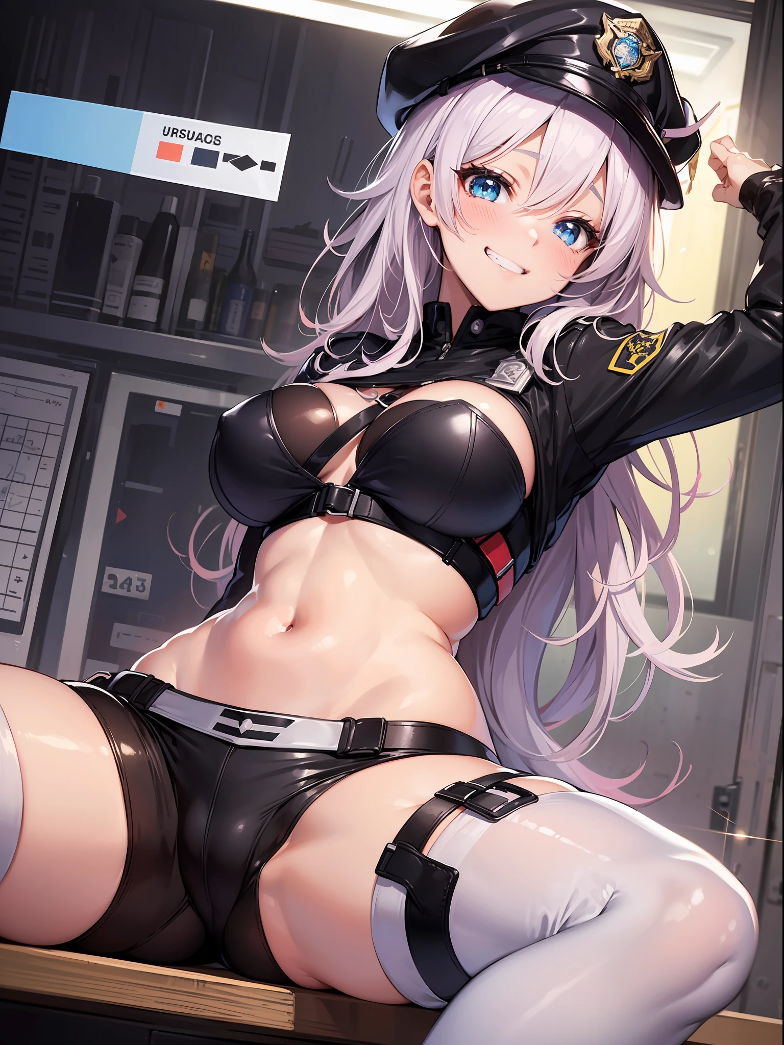 ((masutepiece)), ((Best Quality)), (Ultra-detailed), ((kawaii)), Cute, (lovely), ((Sexy)), (Ero), ((Extremely detailed)), 4K, (8K), Best Quality, (Beautiful), Illustration, Anime style, Painting, Dynamic Angle, Full body, full body Esbian, from below looking up, Interrogation room like a criminal drama, Sit on a desk, Open your legs, Gradation, full body focus, Interrogation room in a dimly lit police station, Cute s, 1girl in, Solo, Female police officer in Japan, Hats, Hair of randomly selected color, Randomly selected beautiful colored eyes, ((Beautiful eyes)), White-skinned, Random hairstyle, Buttocks, Big breasts that are about to burst, Smirk, grin, (blush), sparkling effect, Lens Flare, shiny-glistening, gleaming