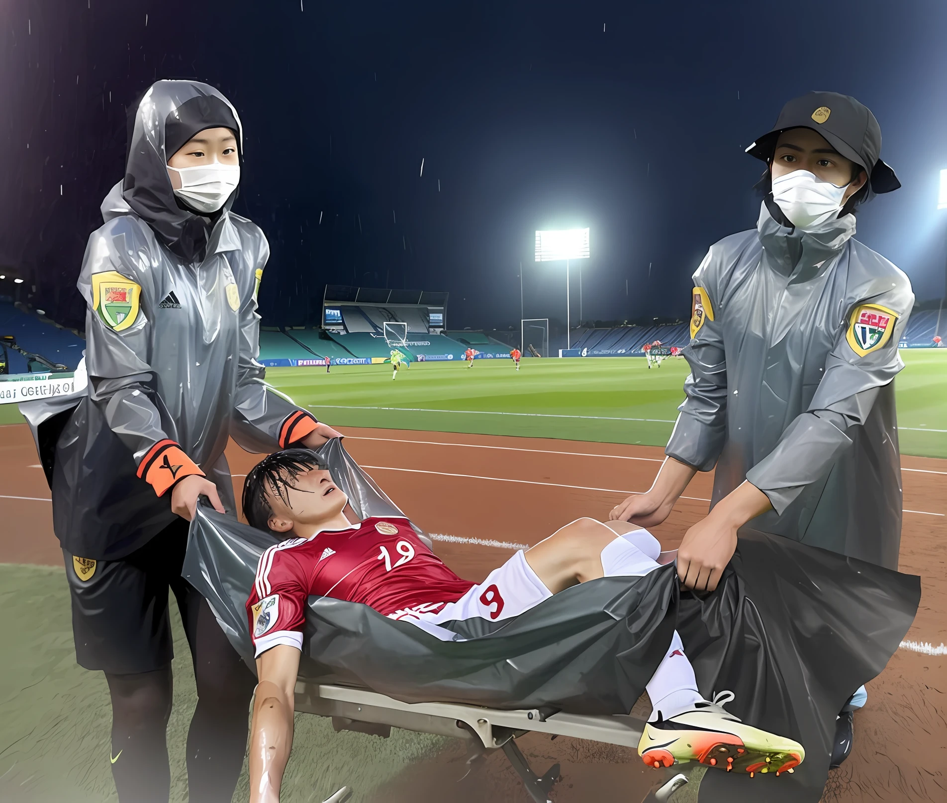 a soccer scene in a chinese sports stadium, an injured soccer player is being transported in a tarpaulin, an injured soccer player is lying in a tarpaulin with lots of pain and is transported out of tge stadium, rainy weather, wet ground, rainfall, injury scene in a sports stadium, tarpaulin-stretcher carry, there are two asian female medics in wet raincoats who are carrying a wet rubber-tarpaulin, there are two female medics in wet raincoats who are carrying a wet tarpaulin with an injured soccer player lying in it in a rainy sports stadium, there is a wounded male soccer player in a matte short cotton sports outfit lying in the tarpaulin, an injured male soccer player is lying on his back in a tarpaulin and is rearing up in agony, a soccer player is rearing up in pain while lying on his back on a stretcher, dramatic scene, theatralic posing scene, dramatic pity scene, injury soccer, first aid, help, pity, there are four female medics in shiny raincoats who are looking very sad and very terrified and very shocked, the injured soccer player is screaming out in pain while he is carried from the pitch on a stetcher through the rain