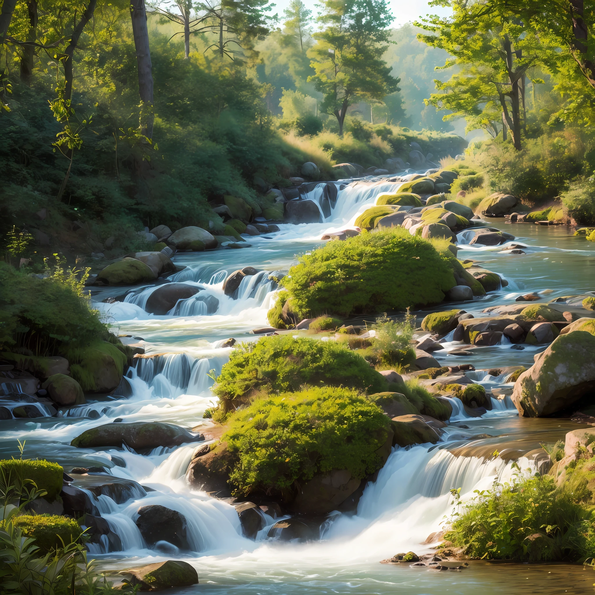 (extremely detailed CG unity 8k wallpaper, masterpiece, best quality, ultra-detailed), cottage core, whimsical, magical forest, ethereal, floating cottage, warm-toned, cozy atmosphere, lush vegetation, sparkling river, misty morning, dewy flowers. --auto