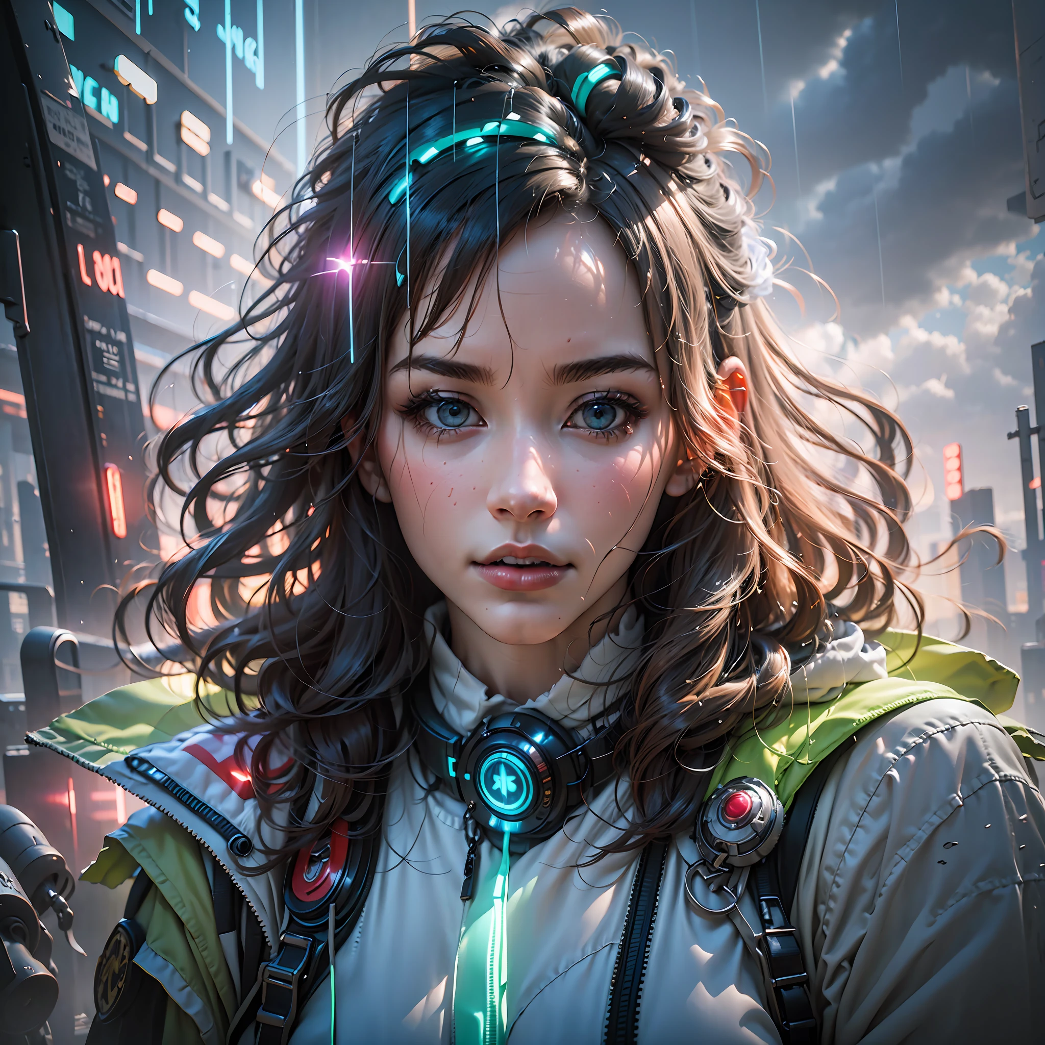 cyberpunk [nebulous cityscape in the distance: very pretty girl, city: 0.33] immersed in a giant stream of wind, living in a cloud of thunder, behind the cloud, (double exposure: 1.3), photo by Brandon Woelfelmist, surreal dream, gray atmosphere, rainy day, dynamic, lut, hdr