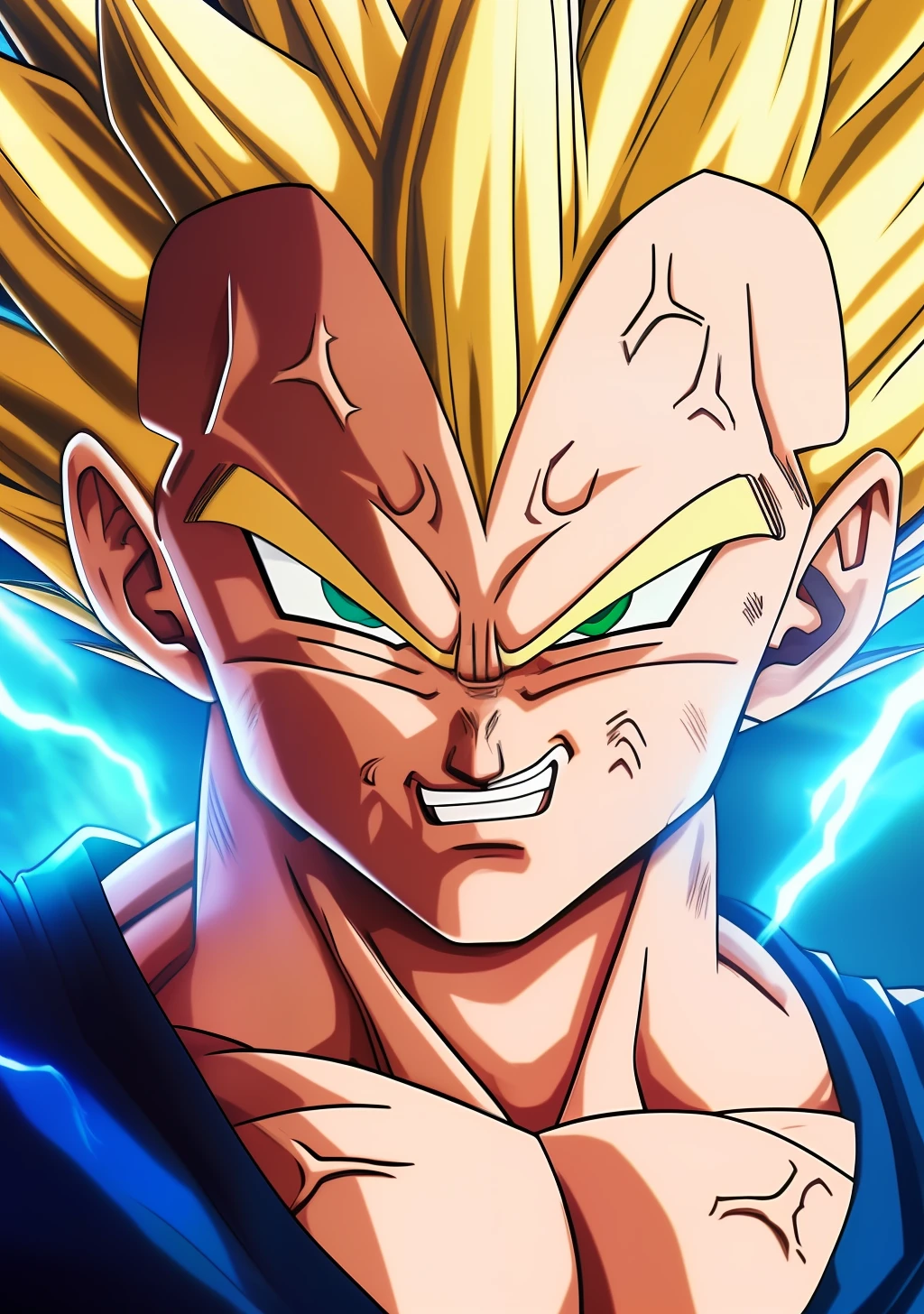 A Majin2 portrait, digital art, blonde ,blonde eyebrows,digital art, clenched fists, looking,full head,anatomically correct, (((8k resolution))) , M in front, copy of Majin Vegeta by Dragon Ball Z, 1 character  master piece,  super definition.