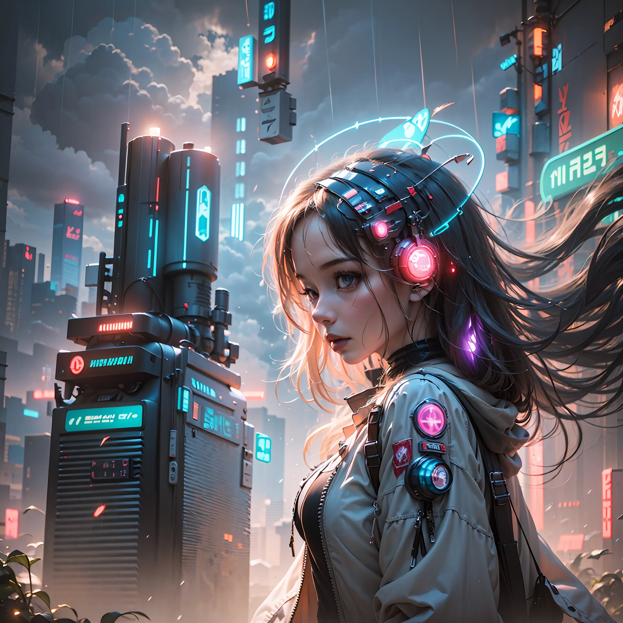 cyberpunk [nebulous cityscape in the distance: very pretty girl, city: 0.33] immersed in a giant stream of wind, living in a cloud of thunder, behind the cloud, (double exposure: 1.3), photo by Brandon Woelfelmist, surreal dream, gray atmosphere, rainy day, dynamic, lut, hdr