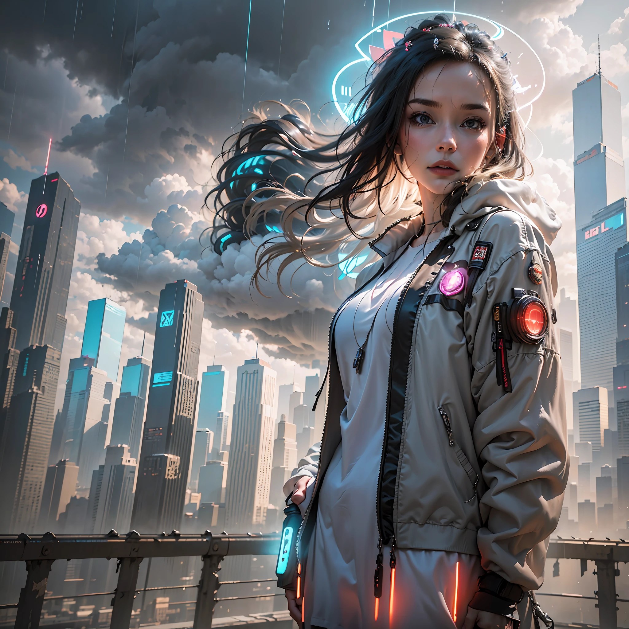 cyberpunk [nebulous cityscape in the distance: very pretty girl, city: 0.33] immersed in a giant stream of wind, living in a cloud of thunder, behind the cloud, (double exposure: 1.3), photo by Brandon Woelfelmist, surreal dream, gray atmosphere, rainy day, dynamic, lut, hdr