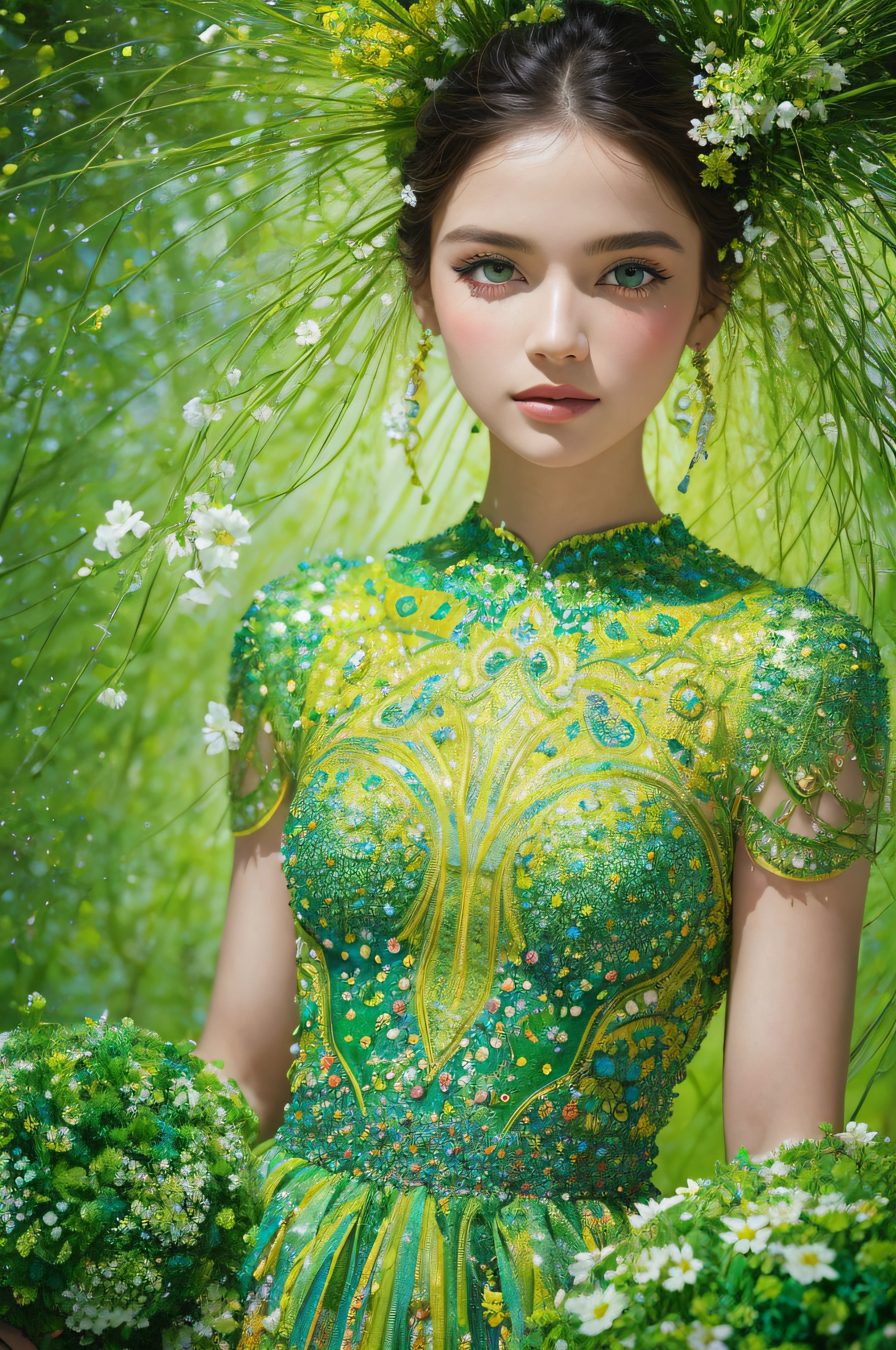 pointilism dance performance with flowers, dancing sensually in a green lush floral ball butter sculpture environment, highly colored, Kodak color, posteresque, circular composition, studio photography, highly colored, stunning, patterned photography by andreas gusrki, surreal portrait photography for the haute couture awards with flowers around (sharp focus on eyes) (skin texture:1.2)