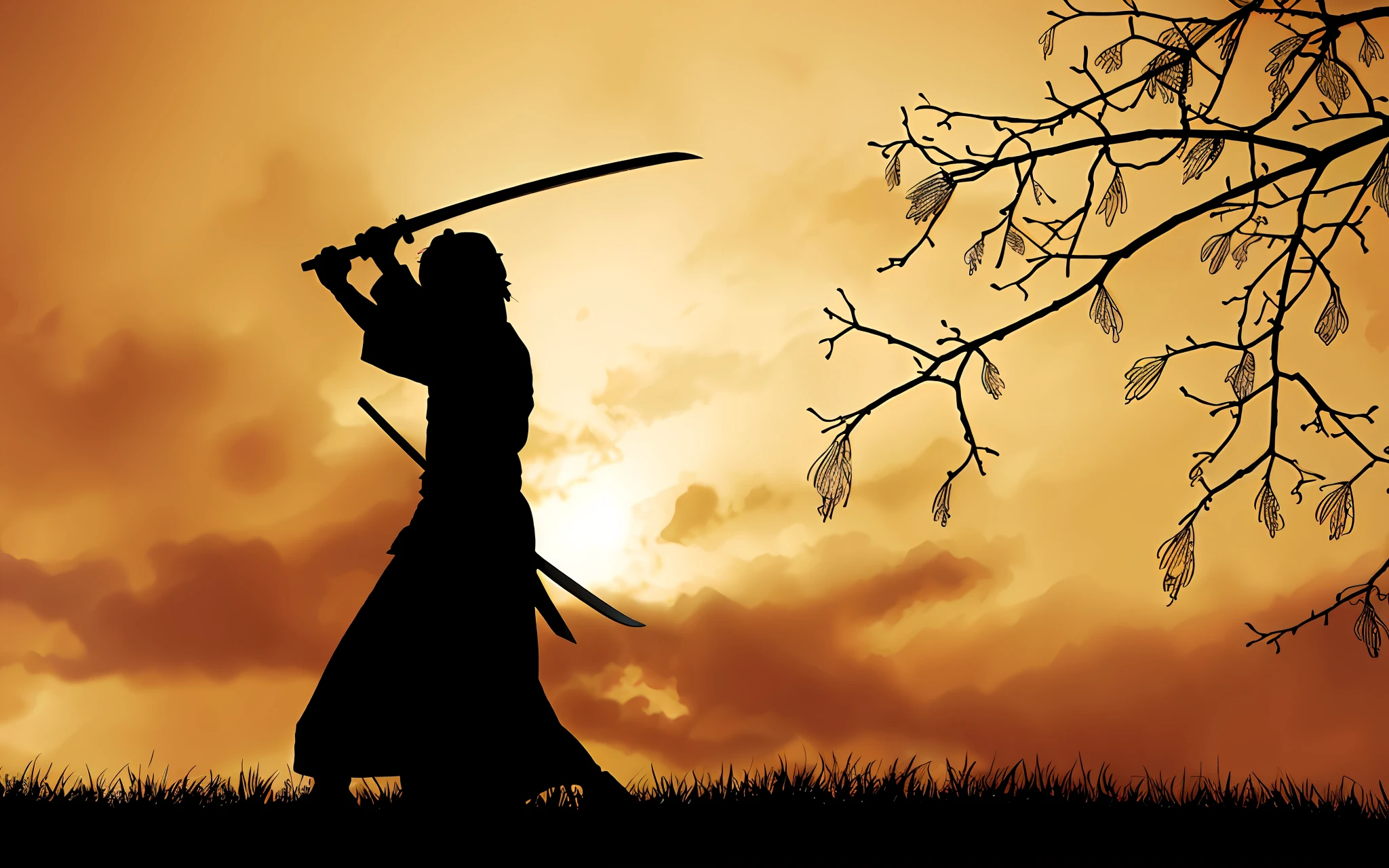 silhueta arafed de uma pessoa segurando uma espada em um campo, inspired by Kanō Sanraku, guerreiro Samurai, japanese samurai, estilo Samurai, ancient japanese samurai, Samurai, Miyamoto Musashi, espadachim, de kenshin, homem Samurai, Samurai jedi, inspired by Shūbun Tenshō, cor de fundo azul --auto