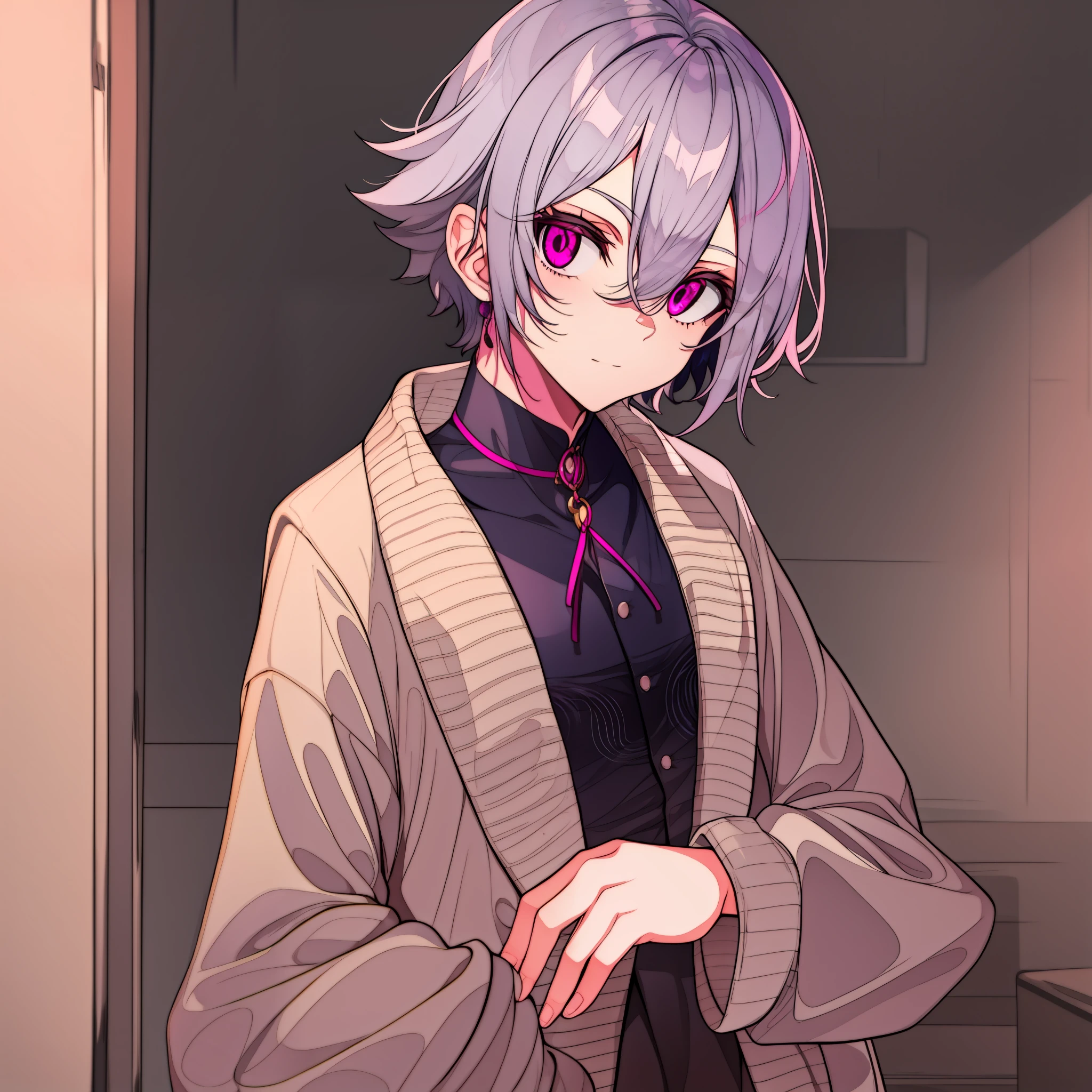 Feminine age male with grey hair and pink eyes, hair that goes down to their neck, cute, wearing feminine clothes