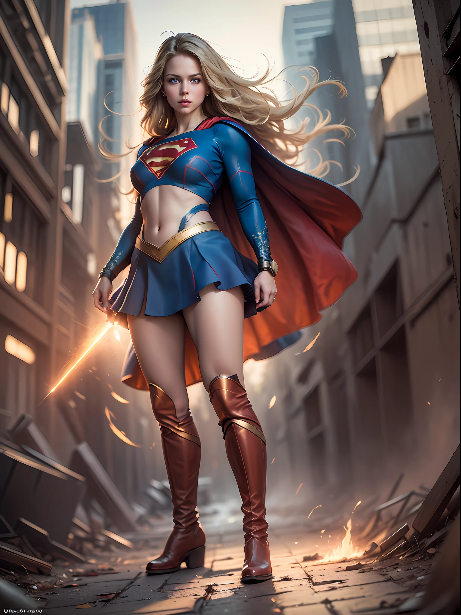 supergirl, blue eyes, blonde hair, long hair, cape, superhero, skirt, boots, (blonde girl:1.5), (breast focus:1.2), (realistic:1.2), (far view: 1.2), (realism:1.2), (masterpiece:1.2), (best quality), (ultra detailed), (8k, intricate), (full body:1.5), (85mm), light particles, lighting, (highly detailed:1.2), (detailed face:1.5), (gradients), sfw, colorful, (detailed eyes:1.5), (detailed background), (dynamic angle:1.2), (dynamic pose:1.2), (rule of third_composition:1.3), (Line of action:1.2), wide shot, daylight, solo.