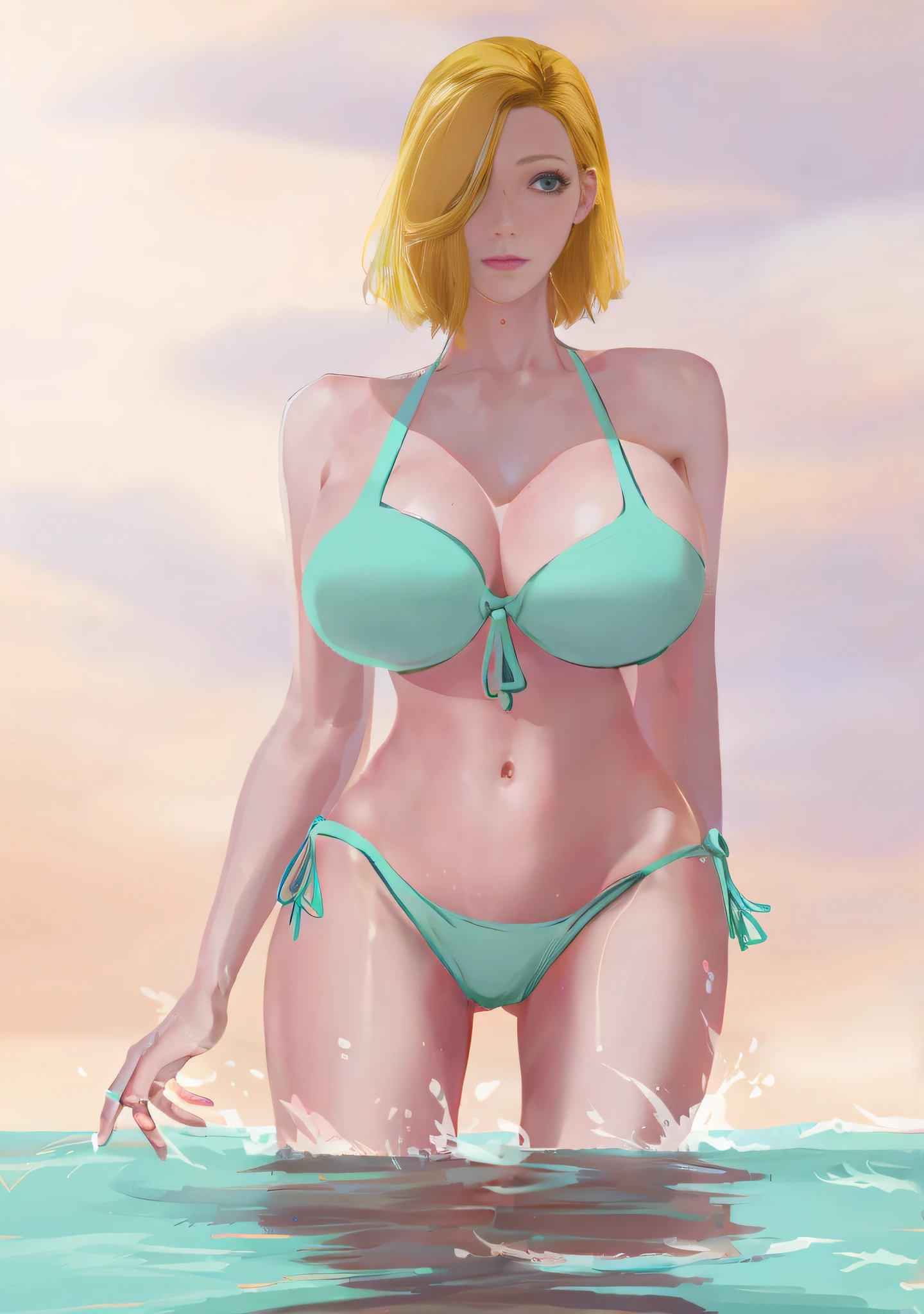 there is a woman in a bikini standing in the water, realistic bikini,  swimsuit, in beach, full body:: Sunny weather::, in a bathing suit, made with anime painter studio, Attire: Bikini, bathing suit, Have by the sea, in the beach, Smooth anime CG art