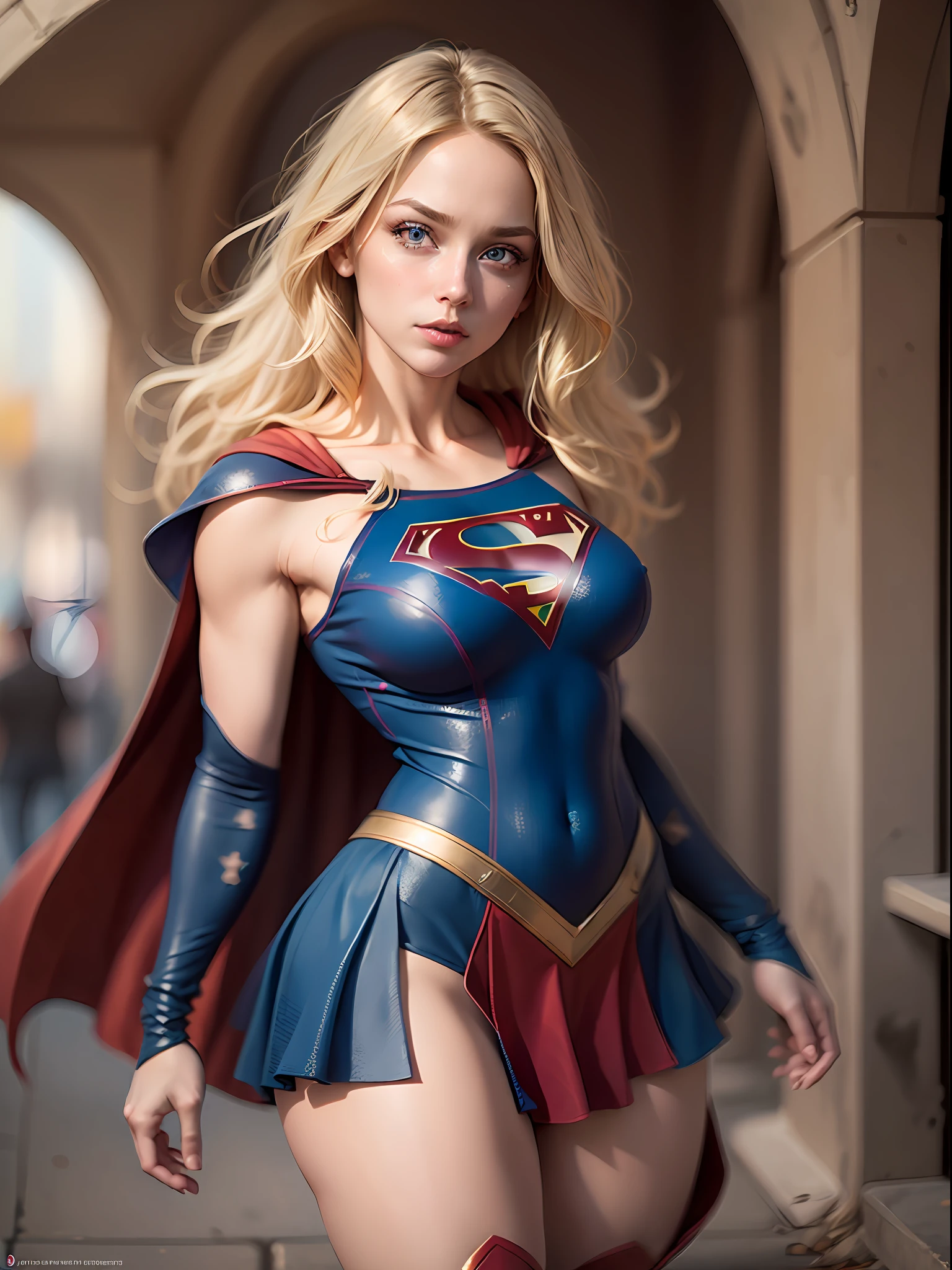 supergirl, blue eyes, blonde hair, long hair, cape, superhero, skirt, boots, (blonde girl:1.5), (breast focus:1.2), (realistic:1.2), (far view: 1.2), (realism:1.2), (masterpiece:1.2), (best quality), (ultra detailed), (8k, intricate), (full body:1.5), (85mm), light particles, lighting, (highly detailed:1.2), (detailed face:1.5), (gradients), sfw, colorful, (detailed eyes:1.5), (detailed background), (dynamic angle:1.2), (dynamic pose:1.2), (rule of third_composition:1.3), (Line of action:1.2), wide shot, daylight, solo.