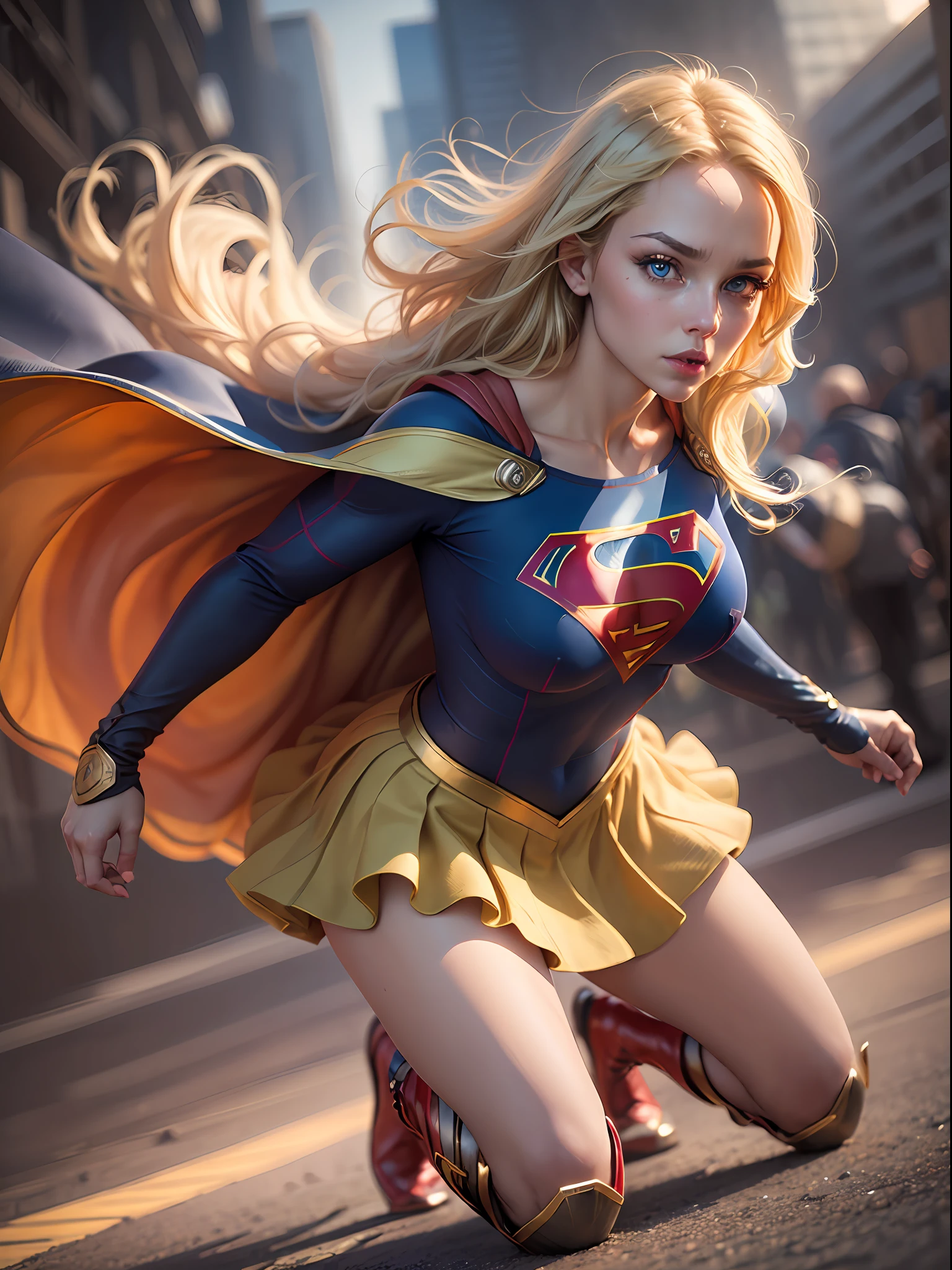 supergirl, blue eyes, blonde hair, long hair, cape, superhero, skirt, boots, (blonde girl:1.5), (breast focus:1.2), (realistic:1.2), (far view: 1.2), (realism:1.2), (masterpiece:1.2), (best quality), (ultra detailed), (8k, intricate), (full body:1.5), (85mm), light particles, lighting, (highly detailed:1.2), (detailed face:1.5), (gradients), sfw, colorful, (detailed eyes:1.5), (detailed background), (dynamic angle:1.2), (dynamic pose:1.2), (rule of third_composition:1.3), (Line of action:1.2), wide shot, daylight, solo.
