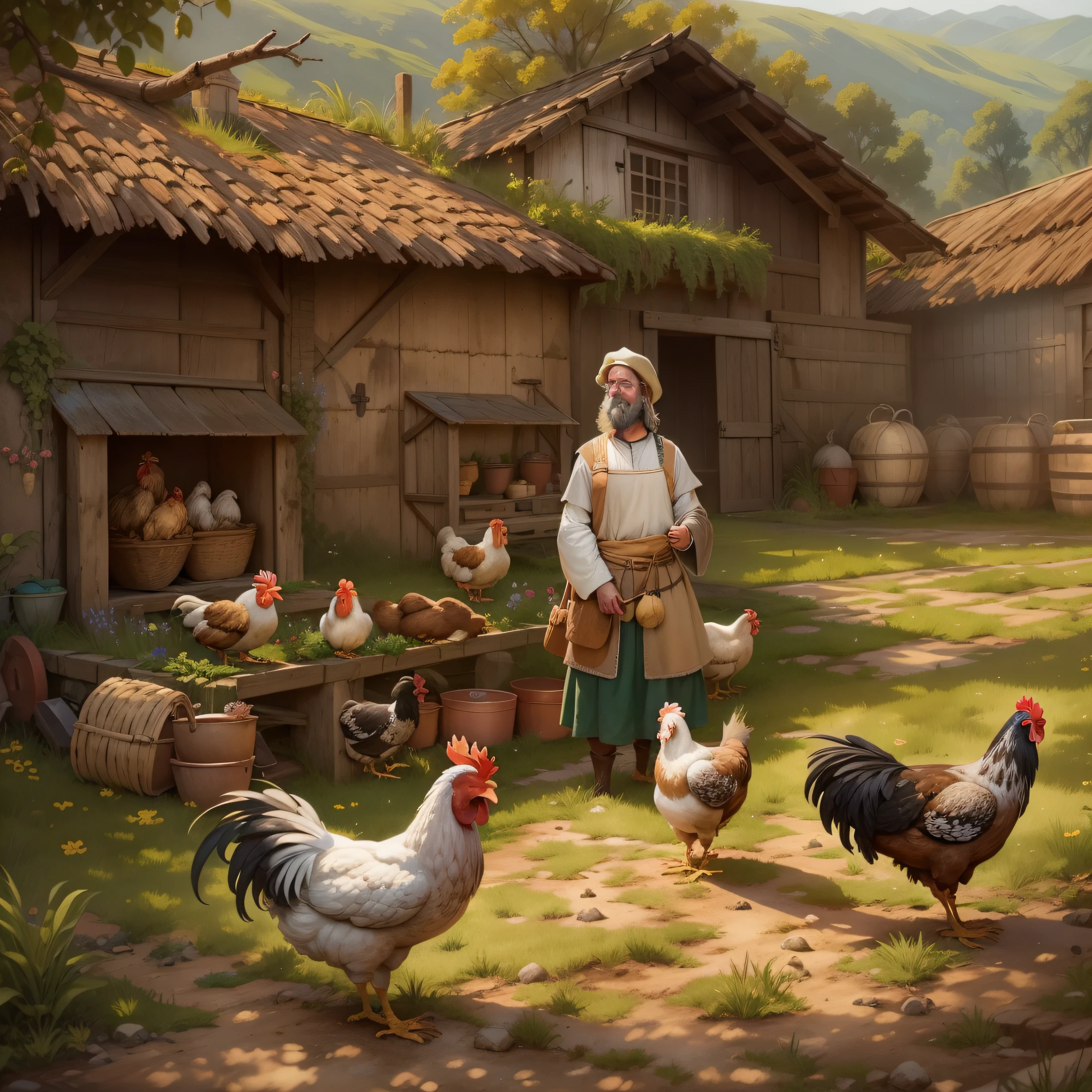 "Imagine a realistic and authentic image of a chicken farm in the medieval era. The farm is built in a rustic and robust way, com paredes de pedra e telhado de palha. Ao fundo, The mountains and vegetation create a natural and tranquil setting, enquanto na frente da granja um pequeno riacho serpenteia pelo campo. Chickens are portrayed realistically, with their carefully drawn feathers and the animated expression on their faces. Some of the chickens are scratching on the ground, while others are perched on the windows of the farm, criando um clima animado e acolhedor. The medieval farmer is present in the image, working on the daily tasks of the farm and interacting with the chickens. He is dressed in authentic period clothes, conveying a sense of authenticity and connection to tradition. The soft, natural lighting creates a warm and tranquil atmosphere, filling the image with a sense of peace and tranquility. This realistic and authentic image of the chicken farm in the medieval era transports the viewer to an ancient and enchanted world, cheio de vida e natureza."