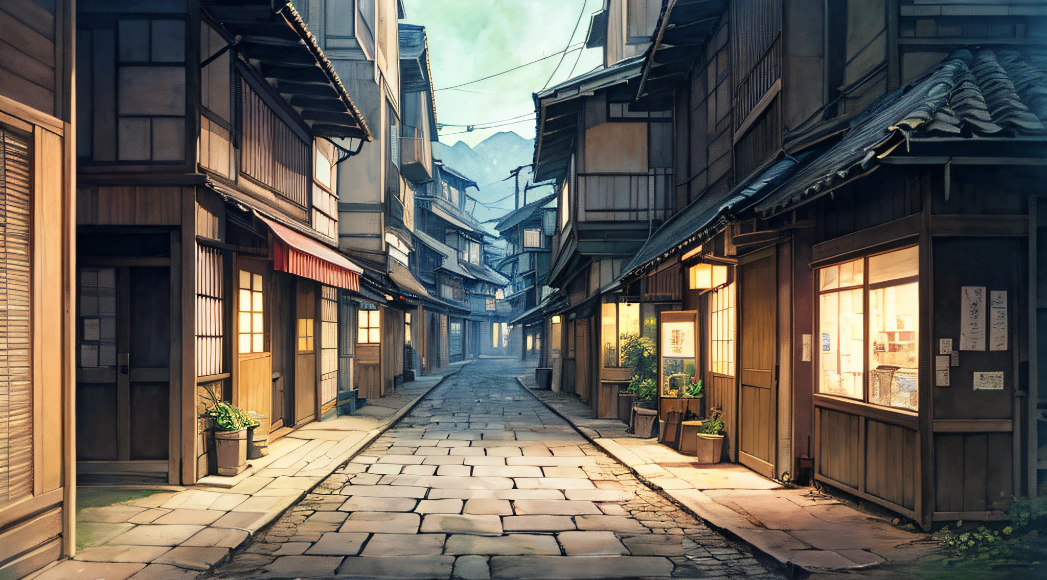 Lonely shopping street、jpn、(early evening:1.2)、((Natural lighting))、Clear focus、(longshot:1.1)、(aquarel painting)、(desolate:1.2)、Studio Ghibli