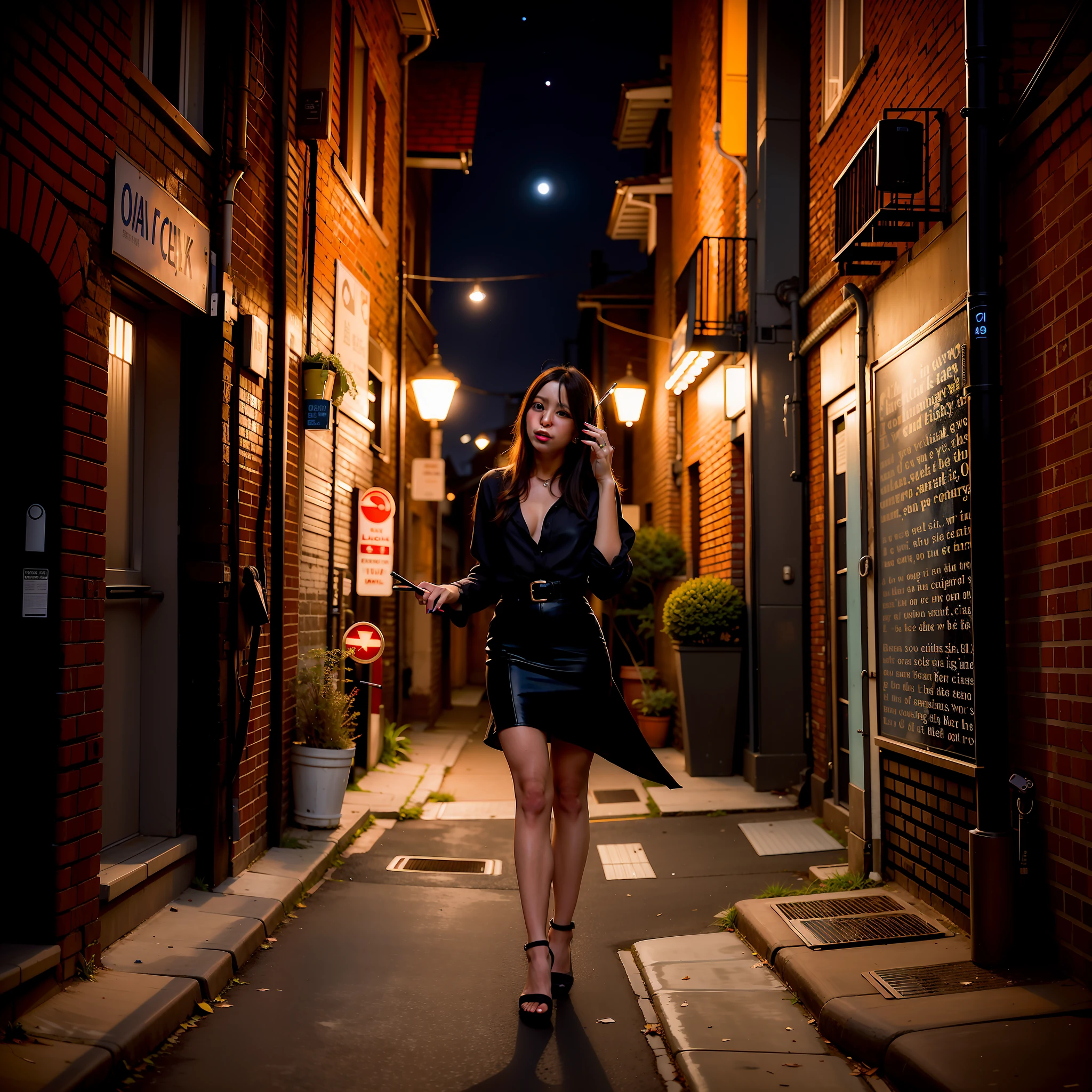 The woman in the picture holds a cigarette and calls on the phone,She wears black stockings, Above her is the Starry Sky Milky Way, In an alley, In the alleys illuminated by the night, ,