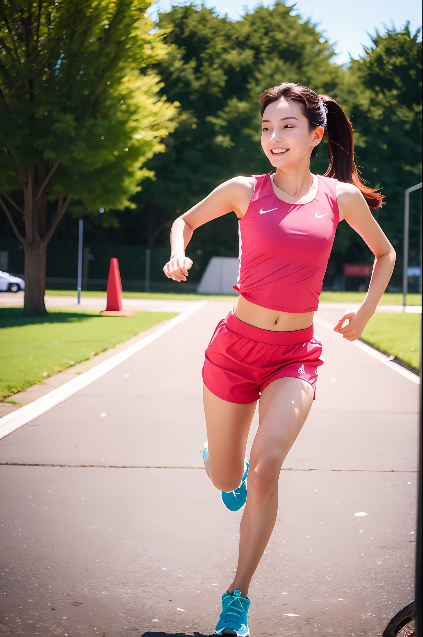 1 girl, solo, running, Gray Track Top, pink shorts, ponytail, athletic build, dynamic brushstrokes, fluid movement, capturing the essence of her athleticism and energy, using light colors and soft tones to create a dreamy and ethereal atmosphere, portraying the motion and grace of running, showing the wind blowing her ponytail and clothes, and the scenery of her surroundings.
outdoors, detailed background, Modern metropolis,
