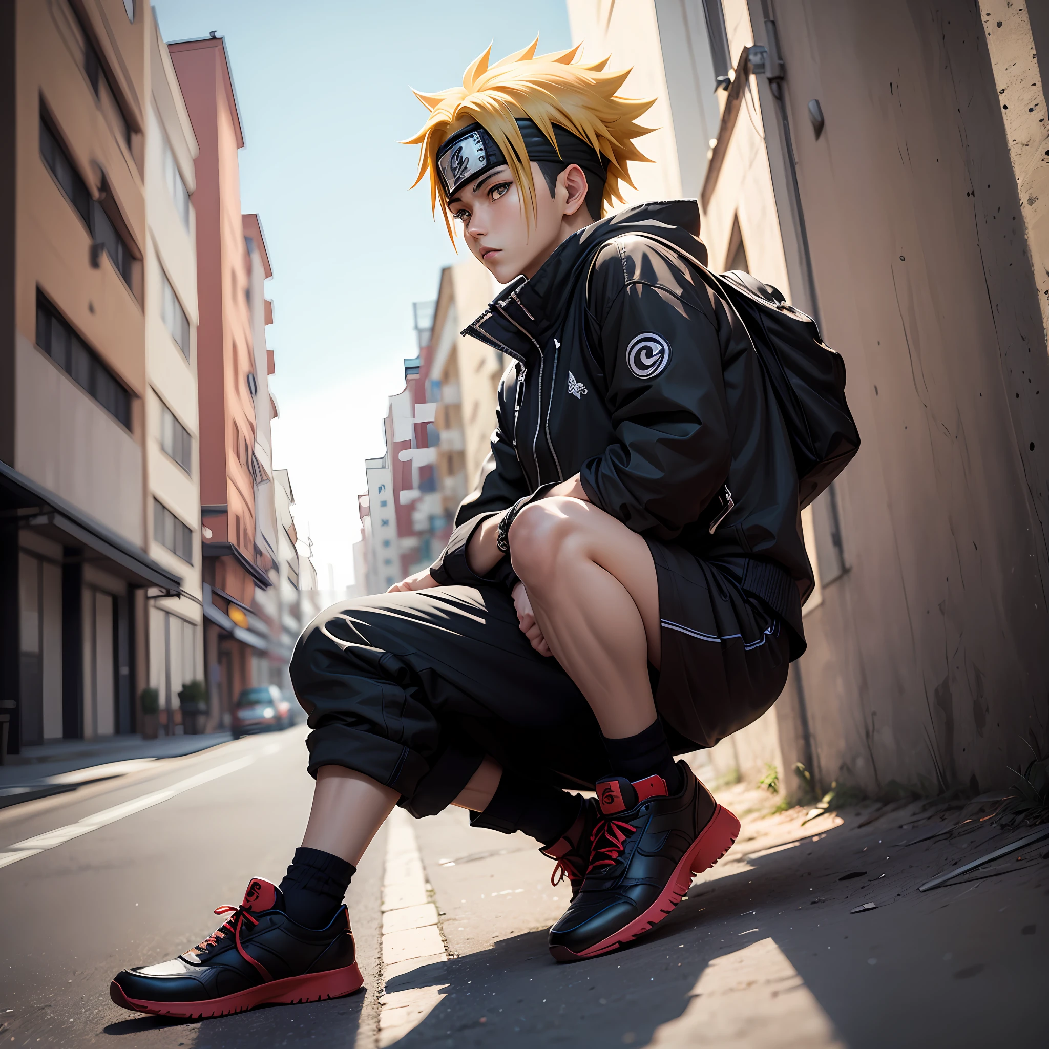 create a male character naruto anime style, clothes and shoes are all black.  cover half face --auto