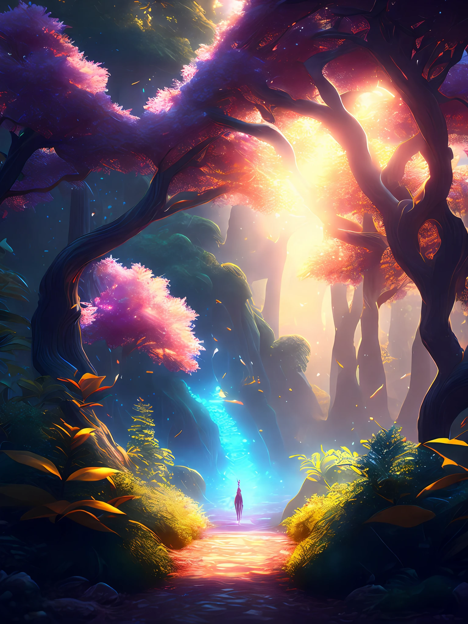 (extremely detailed CG unity 8k wallpaper, masterpiece, a highly detailed illustration),(best illumination, best shadow, an extremely delicate and beautiful),floating,exotic trees,colorful forest,magical animals,magical powers,powerful rays of sunlight,path illuminated by sunlight.