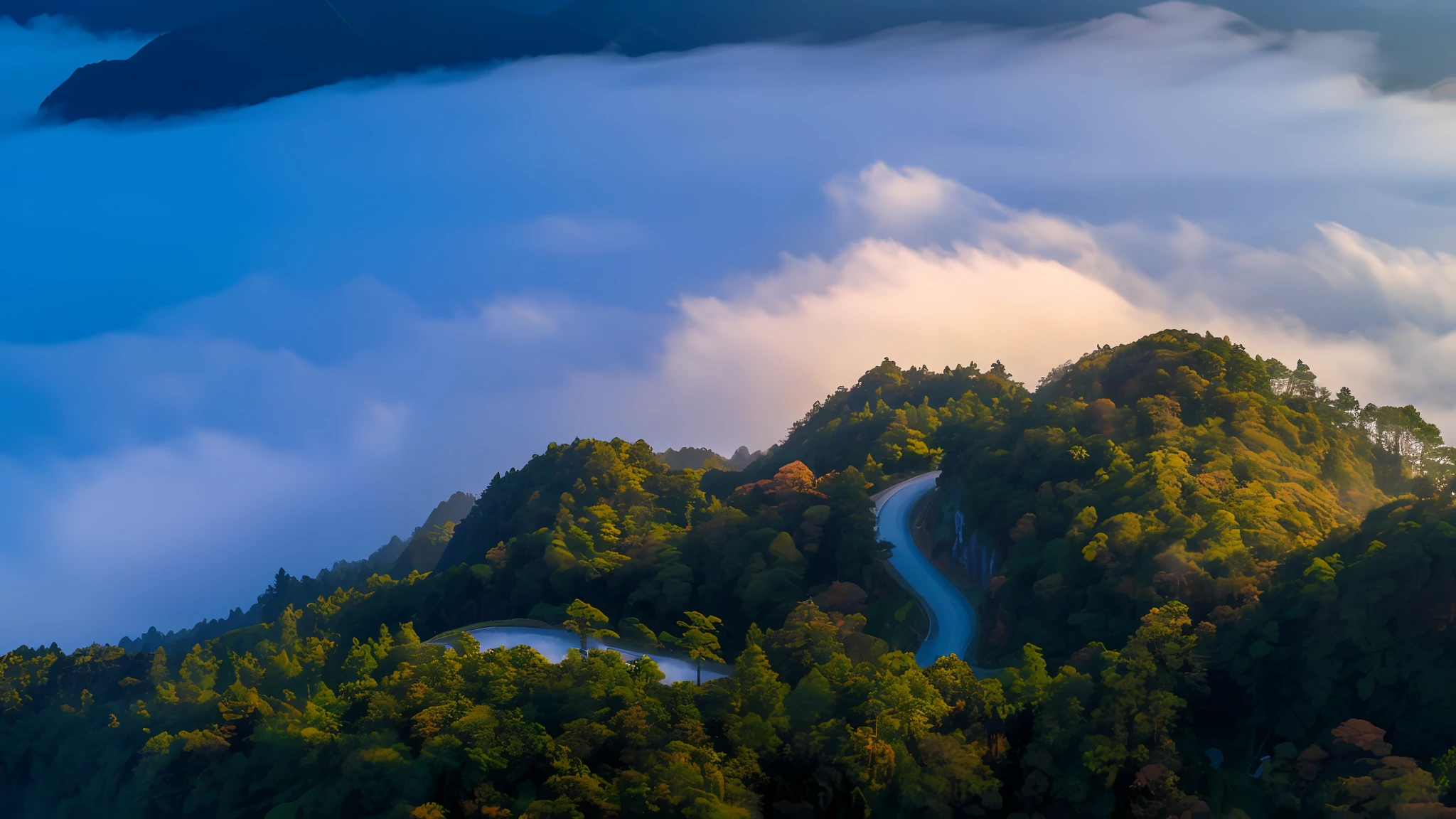 above the mountains,There is a winding road and several trees in the middle, japan mountains, “ aerial view of a mountain, Taiwan, countryside in japan, Billowing fog, walking above the clouds and fog, mist in valley, Far view, Today\'s featured photograph 4k, author:Tadashige Ono, Japanese countryside, ehime, (Mist), Mist, Misty clouds,Slow door photography,