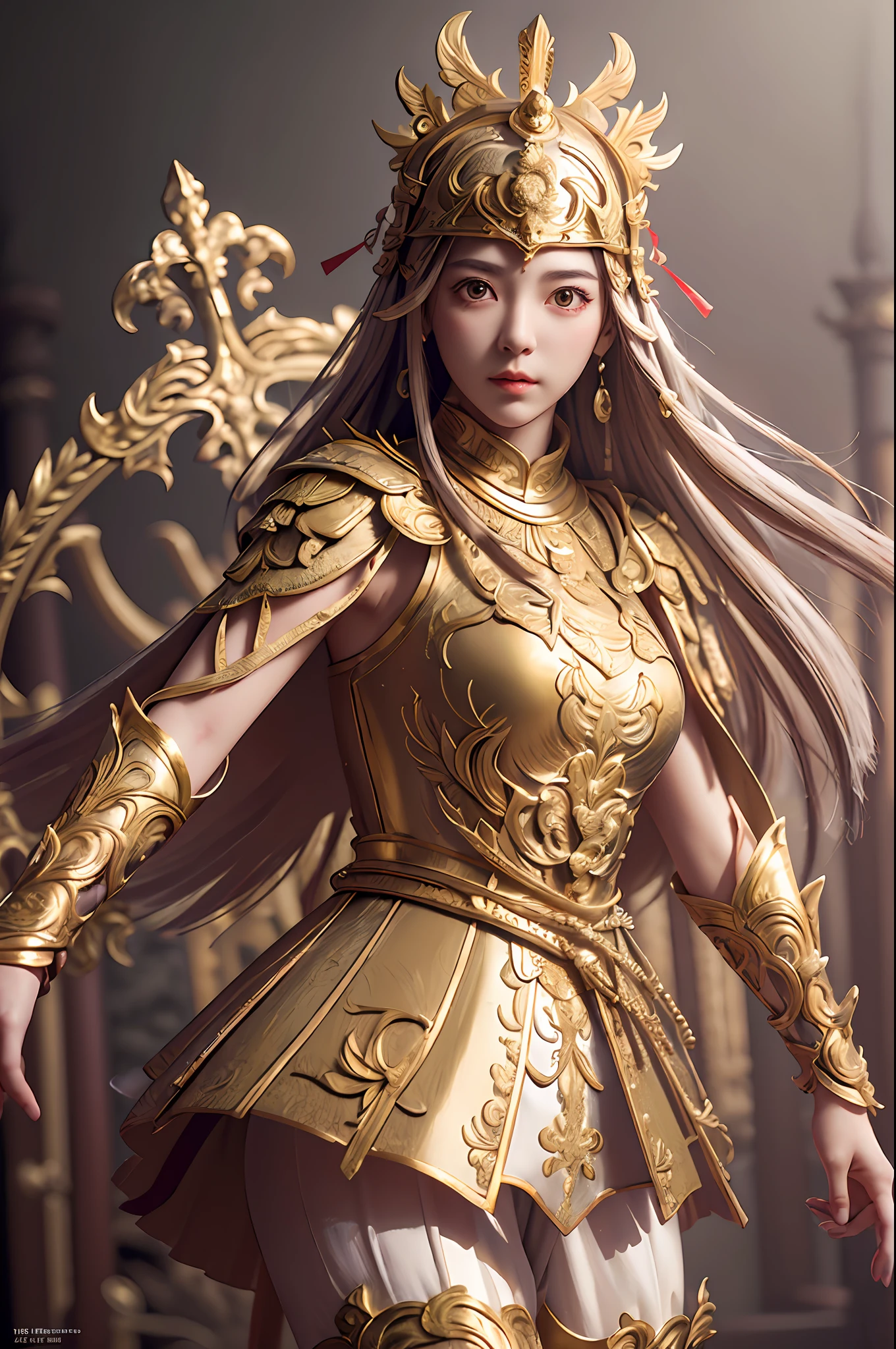 ((masterpiece))), (((best quality))), ((ultra-detailed)), (hyperrealistic), (highly detailed CG illustration), cinematic light, photorealistic ,1girl, gold and silver eaba, dynamic pose, cape, sword, spear, axe