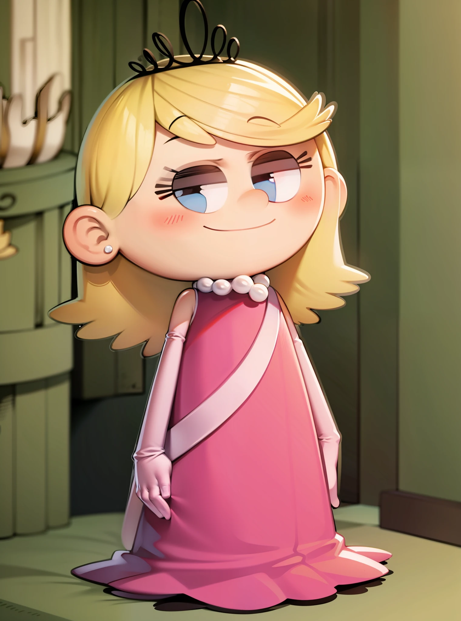 ((masterpiece, best quality)),(complex light),solo, solo focus, full body,1girl, lola loud, blonde hair, long hair, pink dress, pearl necklace, crown, smile, pink gloves,simple background,