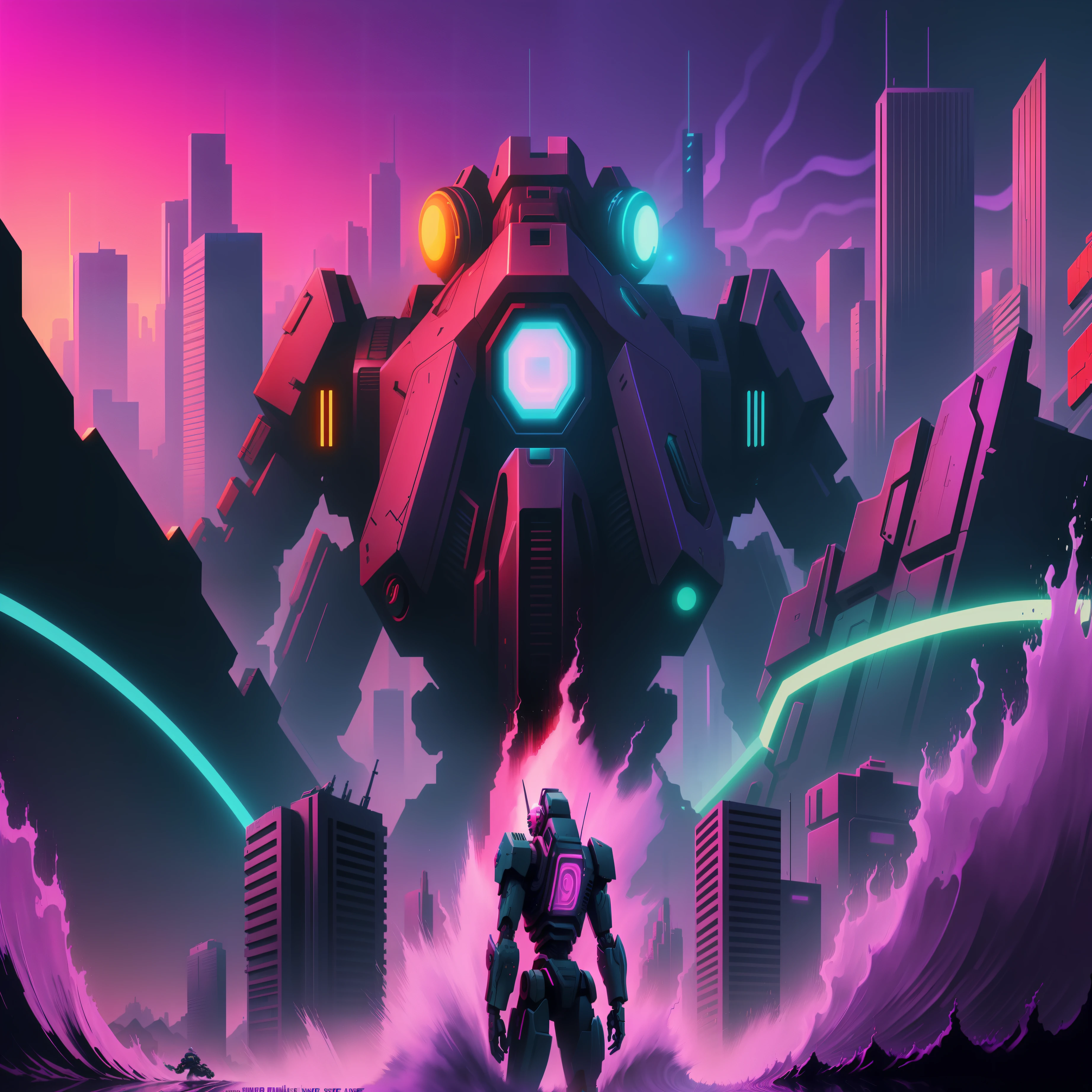 ,synthwave art, Dark synthetic waves, synthwave art style, masterpiece epic retrowave art, Flat synth-wave art style, synthetic wave, 8 0 s synthwave, Black inverse wave, Synthetic wave digital art, synthwave image, epic retrowave art, synthwave art style ]!!Mechs are destroying cyberpunk-style cities