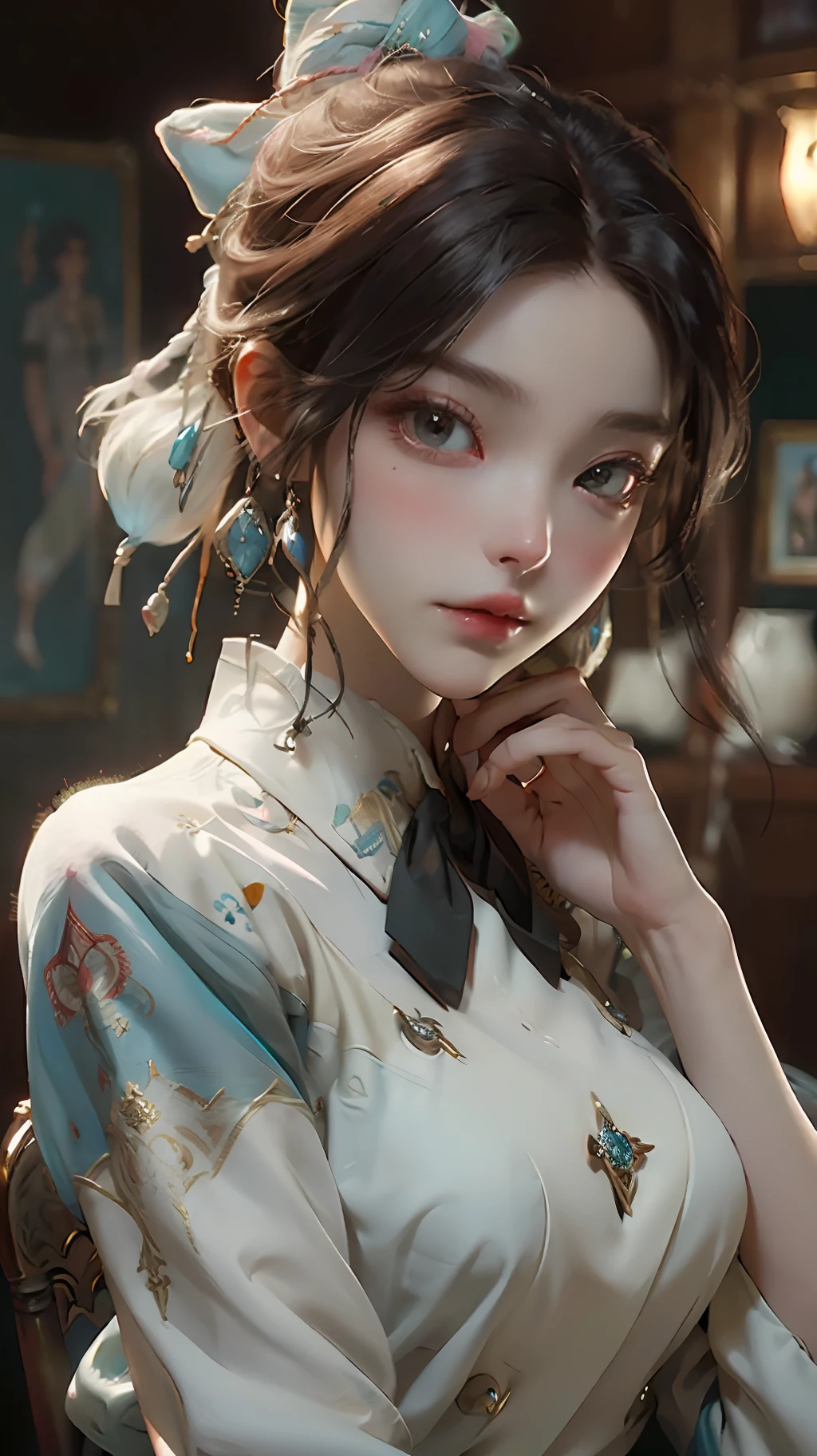 A woman in a suit holds a camera in the room, Portrait of a character inspired by Edith Grace Wheatley, art stations, Rococo, portrait of elsa of arendelle, Style Artgerm, epic game portrait, Artgerm and Atey Ghailan, portrait of zelda, Kushatt Krenz Key Art Women, lofi steampunk bioshock portrait