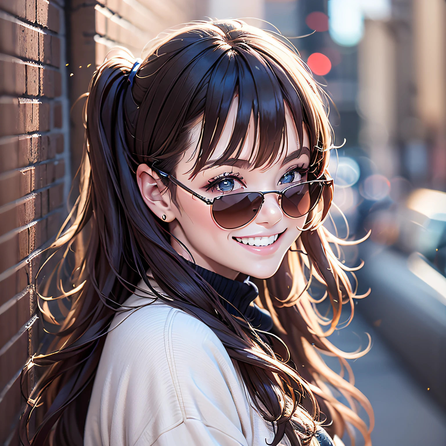 (best quality, masterpiece), cozy sweater, upper body portrait, (laughing:1), girl, looking at camera, black sunglasses, zoom on face.