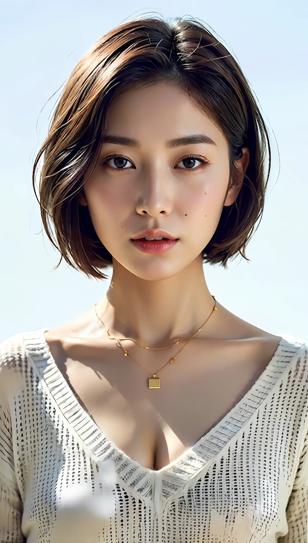 (Best quality, 8k, 32k, Masterpiece, UHD:1.2),Photo of Pretty Japanese woman, large breasts, very short bob hair,upper body,face focus,oversized_sweater, necklace, simple background, from above, looking at viewer,