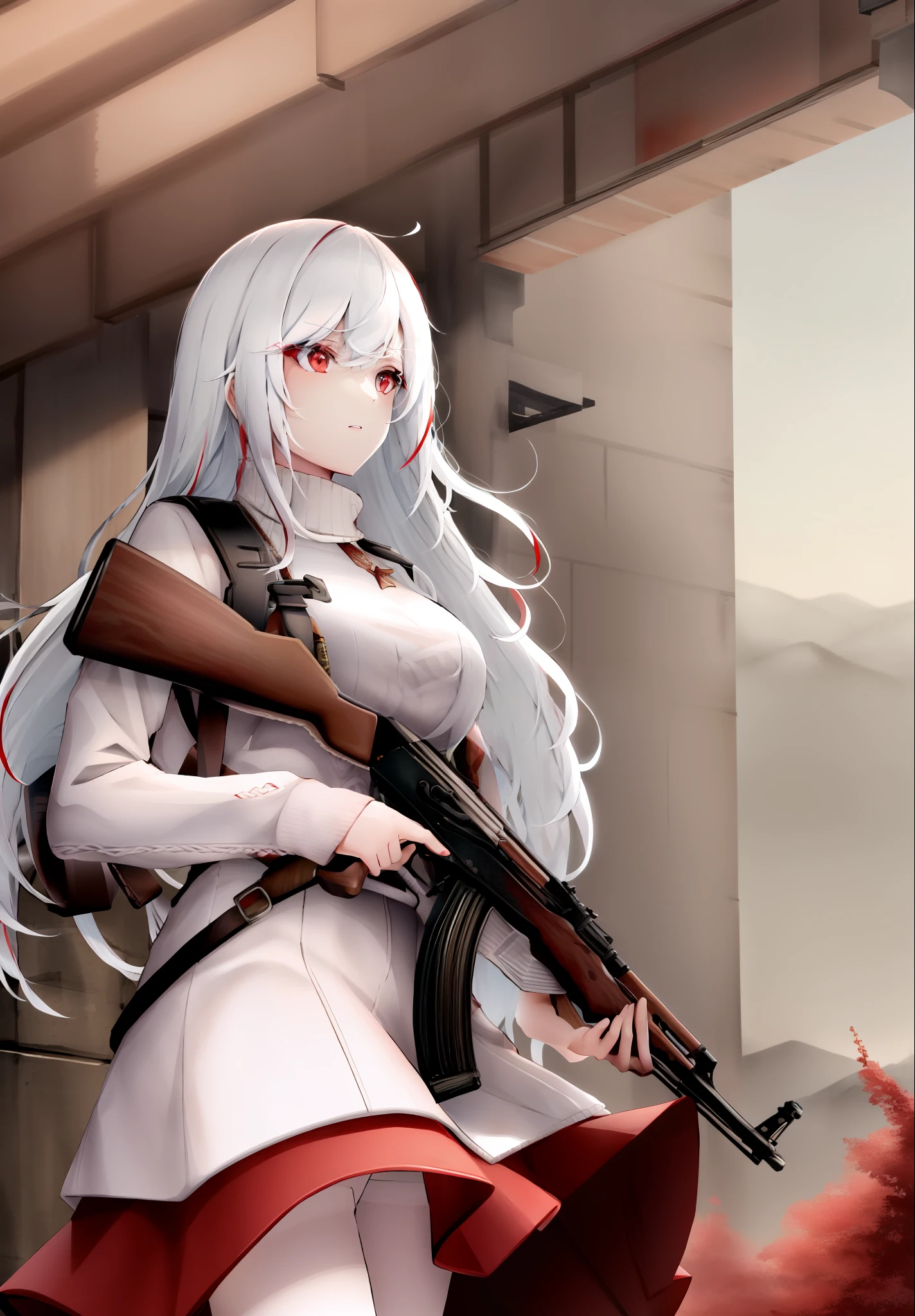 Beautiful, Masterpiece, Best quality, Perfect lighting, hdr, 1girll, Black tights, Red skirt, (White sweater:1.3), ((((((Red and white hair)))))), split color hair, Long hair, Red eyes, fox ear, Near the mountains, Sunset,holding gun, AK-47, akm, assault rifle, Kalashnikov rifle, trigger_Discipline, low-ready