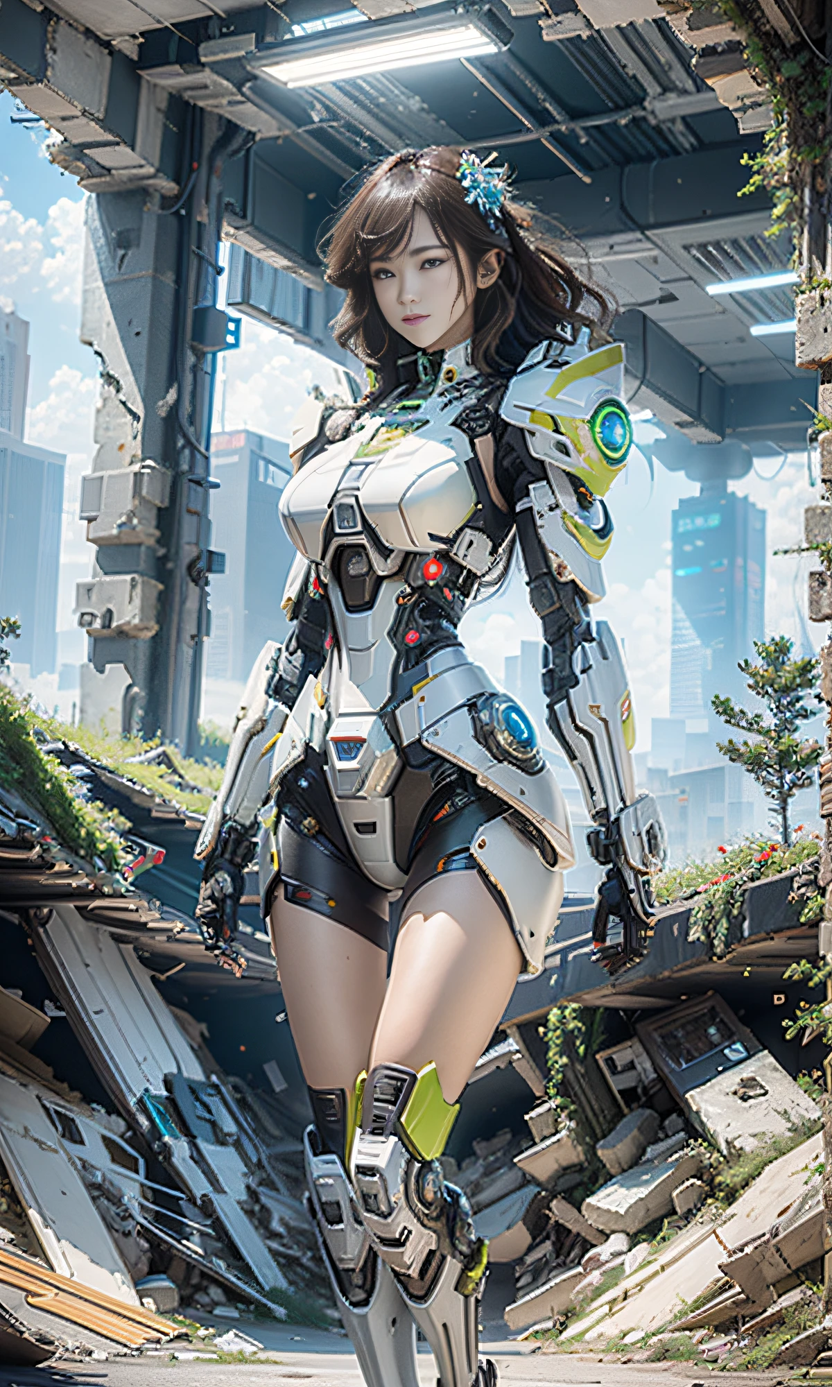 ((Best quality)), ((masterpiece)), (highly detailed:1.3), 3D,Shitu-mecha, beautiful cyberpunk women with her mecha in the ruins of city from a forgoten war, ancient technology,HDR (High Dynamic Range),Ray Tracing,NVIDIA RTX,Super-Resolution,Unreal 5,Subsurface scattering,PBR Texturing,Post-processing,Anisotropic Filtering,Depth-of-field,Maximum clarity and sharpness,Multi-layered textures,Albedo and Specular maps,Surface shading,Accurate simulation of light-material interaction,Perfect proportions,Octane Render,Two-tone lighting,Low ISO,White balance,Rule of thirds,Wide aperature,8K RAW,Efficient Sub-Pixel,sub-pixel convolution,luminescent particles,light scattering,Tyndall effect