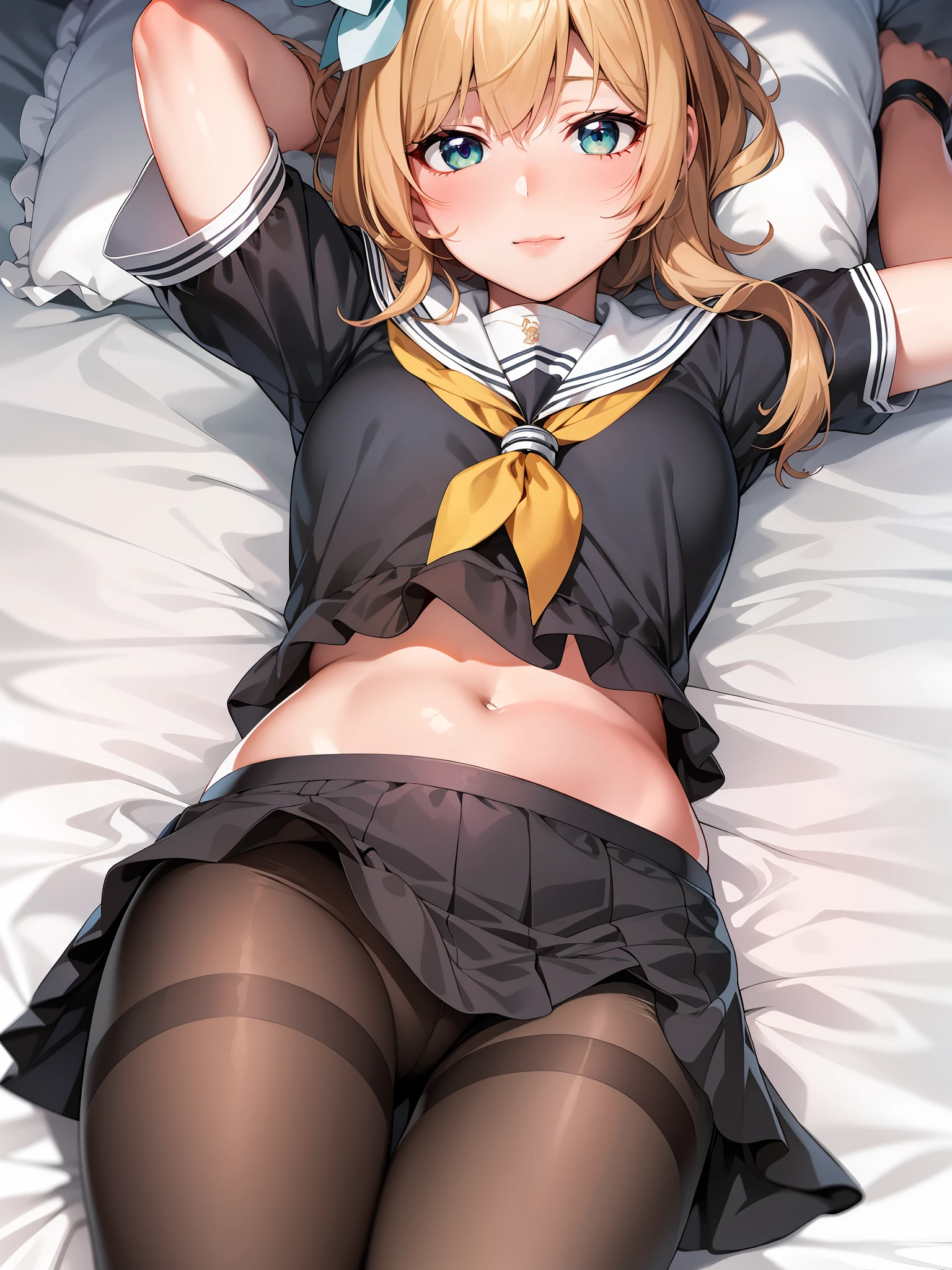 Anime girl lying on bed，legs crossed, seductive anime girls, Surrealism female students, Surrealism female students, Fine details. Girl Front, from girls frontline, Smooth anime CG art, attractive anime girls, anime best girl, small curvaceous loli, Anime waifu, Realistic schoolgirl, beautiful alluring anime teen, Cute anime girl, Anime girl, Also