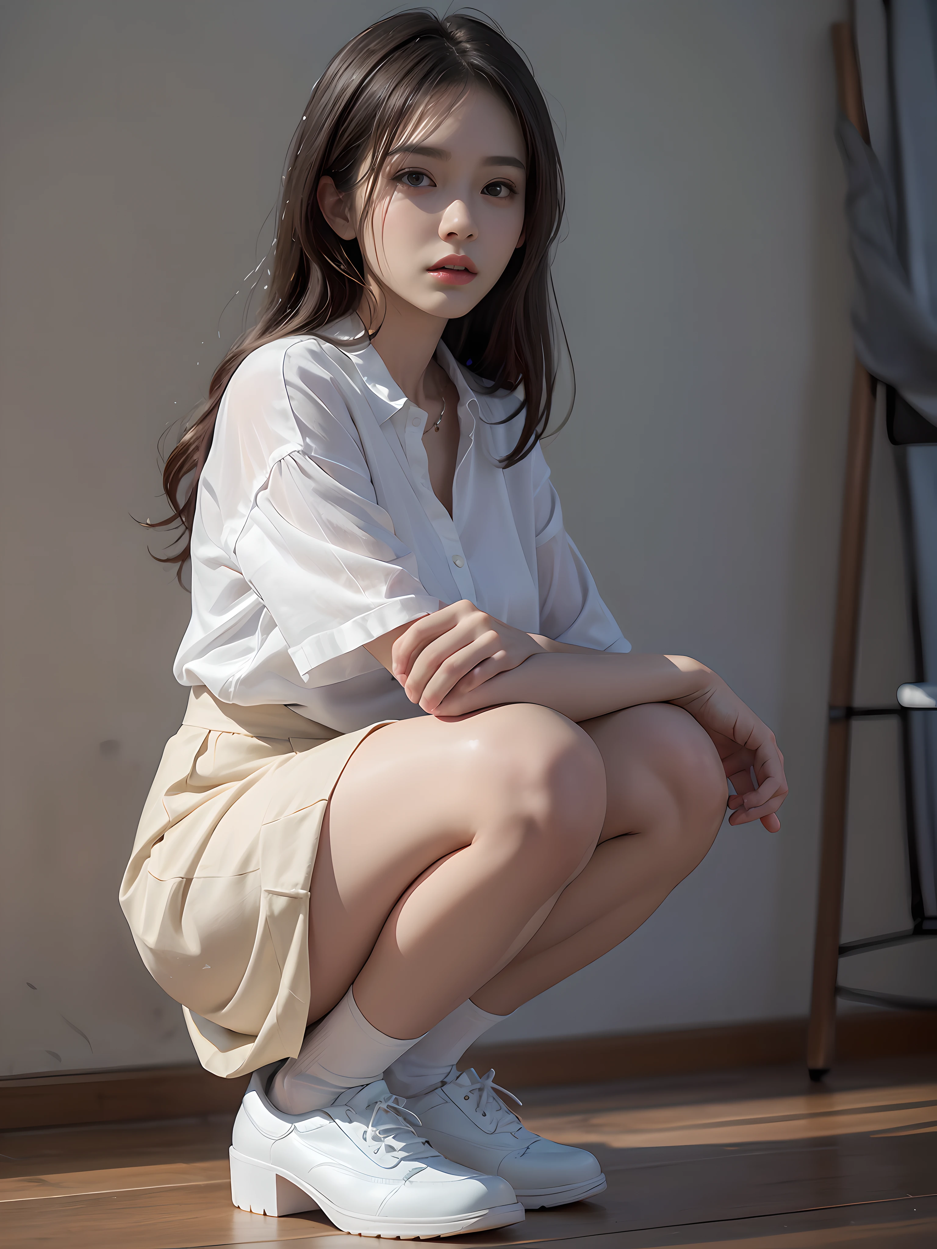 (photoRealstic:1.4)、(hyper realisitic:1.4)、(reallistic:1.3)、(Smooth lighting:1.05)、(Improved cinematic lighting quality:0.9)、32K、1womanl、24-year-old woman、Realistic lighting、Back lighting、Facial Lights、Ray tracing、(brightened light:1.2)、(Quality Improvement:1.4)、(Realistic textured skin of the highest quality:1.4)、fine detailed eyes、A detailed face、Fine quality eye、dark brown eyes、(Tired, sleepy and satisfied: 0.0)、Pale lighting、white backgrounid、White blouses、Dark blue skirt、Dark brown hair squatting holding knees、White silk ankle-length socks、pumps