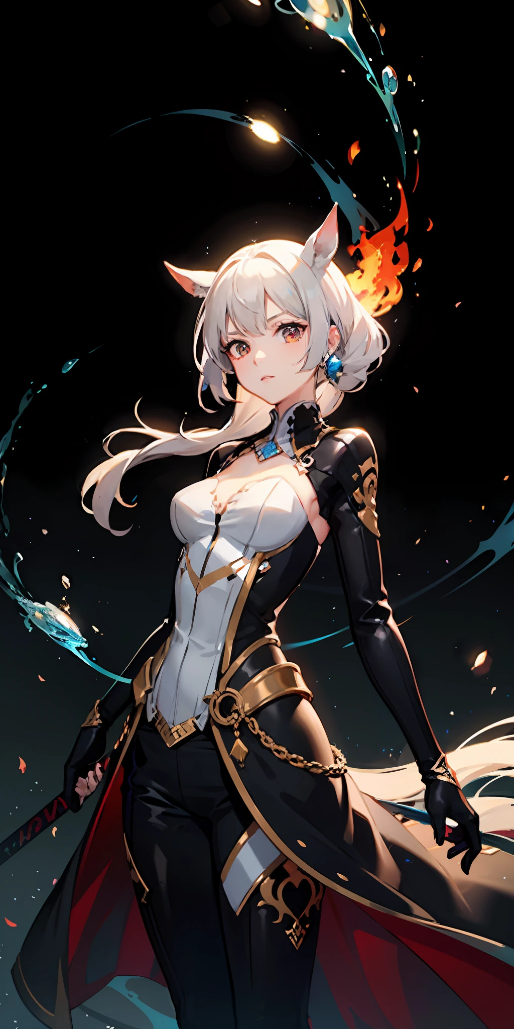 The upper part of the body，1girl，whaite hair，horse tailed，short sword，middlebreast，Wallpapers，Magic array background，light particules，Red fire，Heteropupil