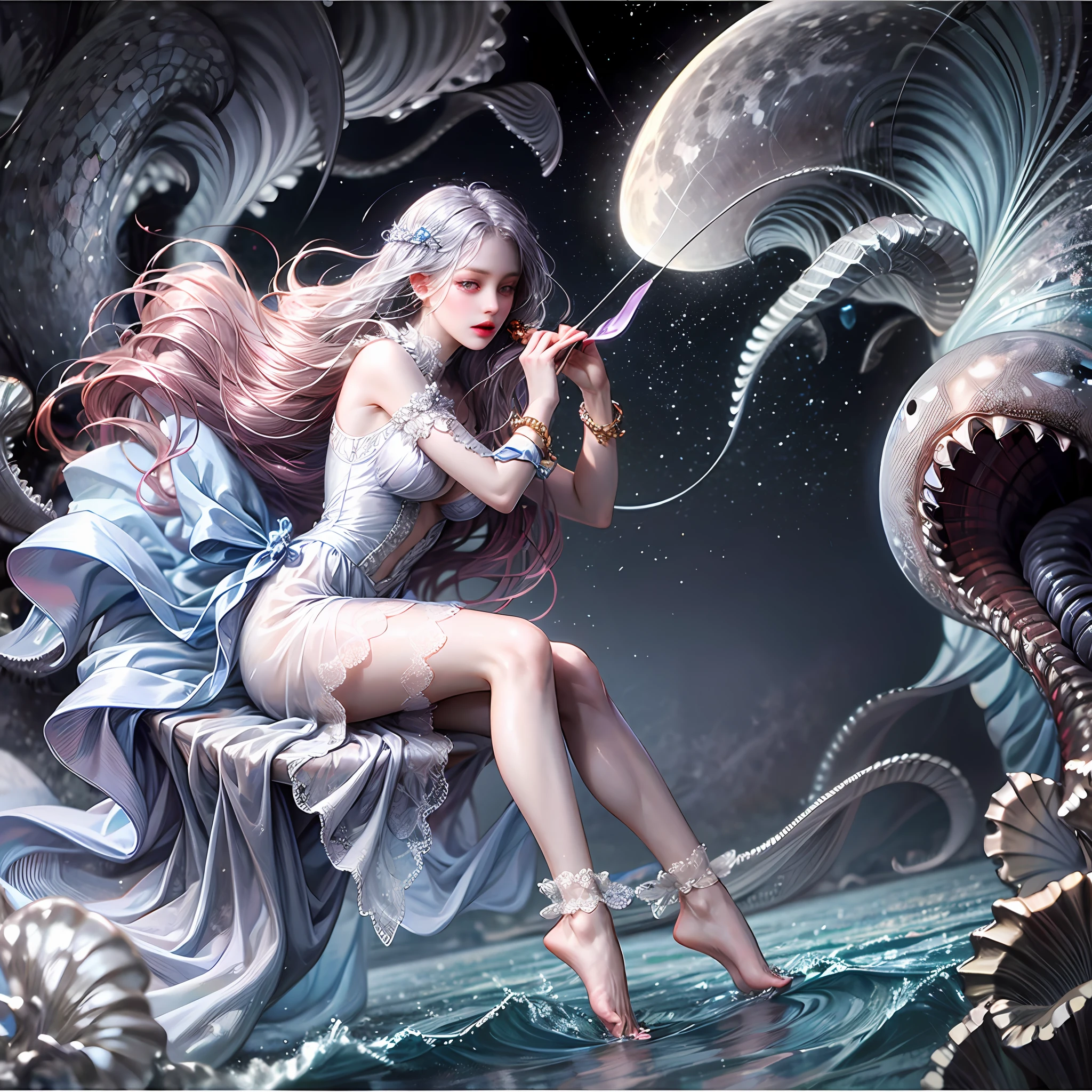 (Girl in the air), Transparent dress, The skirt has become a jellyfish, floating jellyfishes, Countless jellyfish floating around the girl, Purple eyes, large round eyes, Eyes glow, Tentacles from the skirt, fullmoon, starrysky, Tied up gray hair, , Deep-sea fish connected to a girl's body, Carnivorous jellyfish, Barefoot, Toe to Xu々Transparent to, Galper eel --auto
