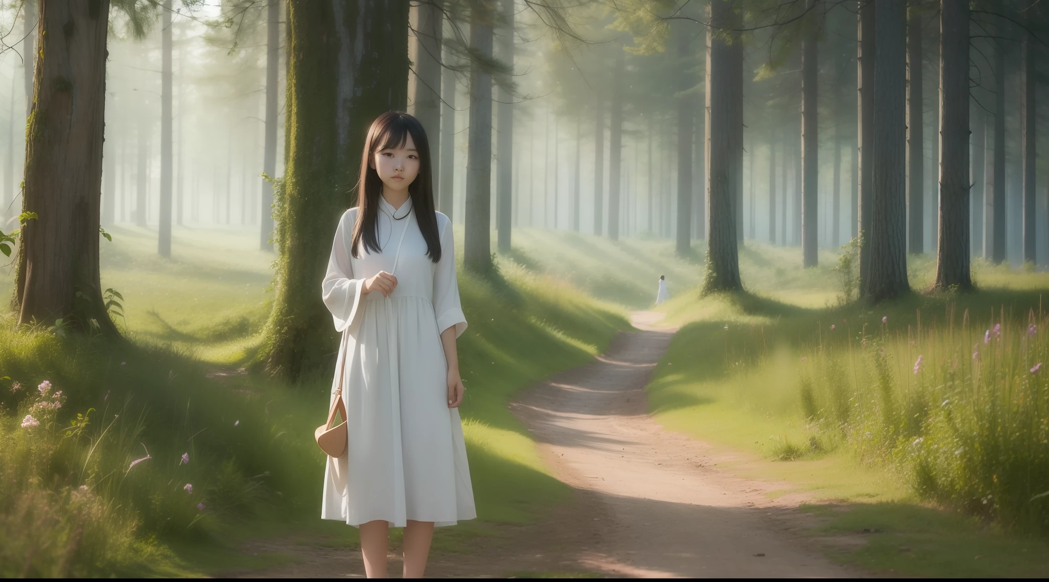 A young and beautiful Chinese girl stands in a field,In the distance is a forest,short detailed hair,the morning sun