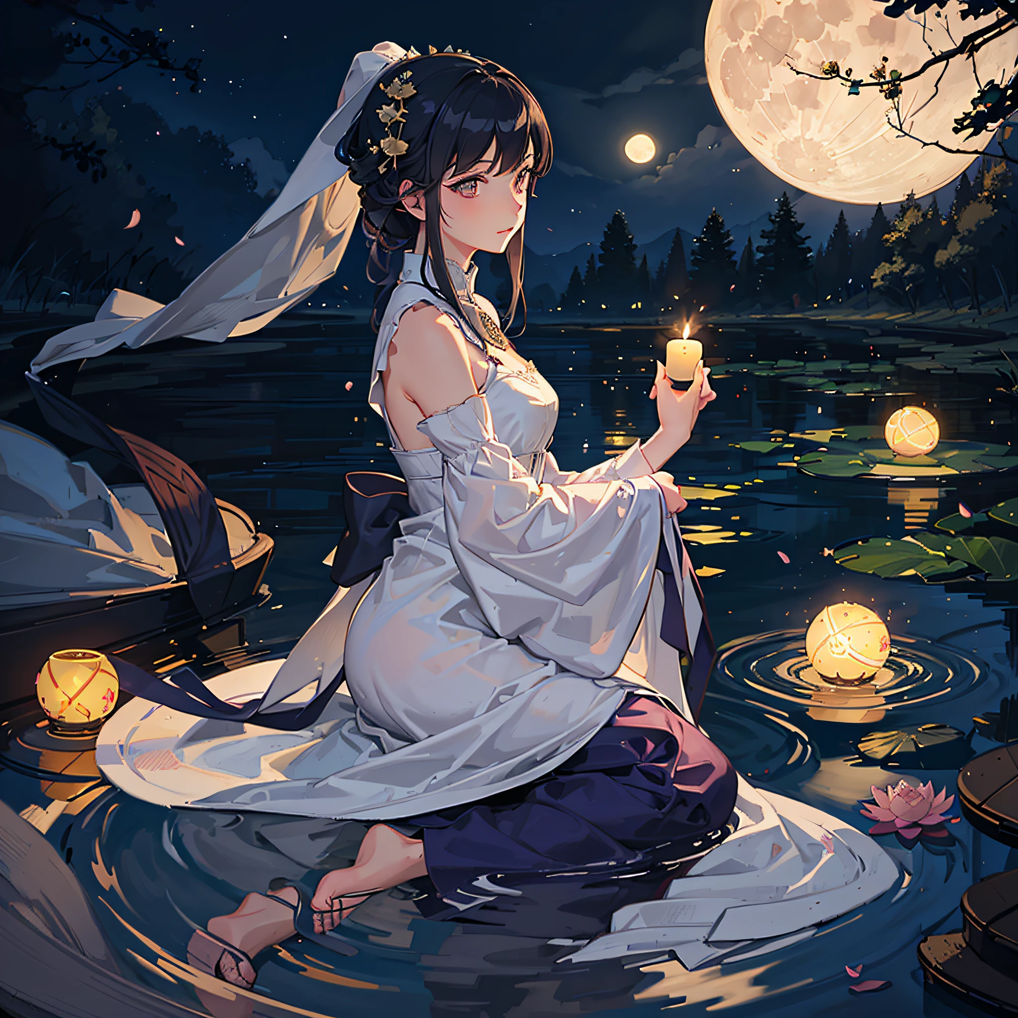 Full moon when the sky is by the river, A woman in period costume lit a candle lotus,Slowly put it into the river --auto