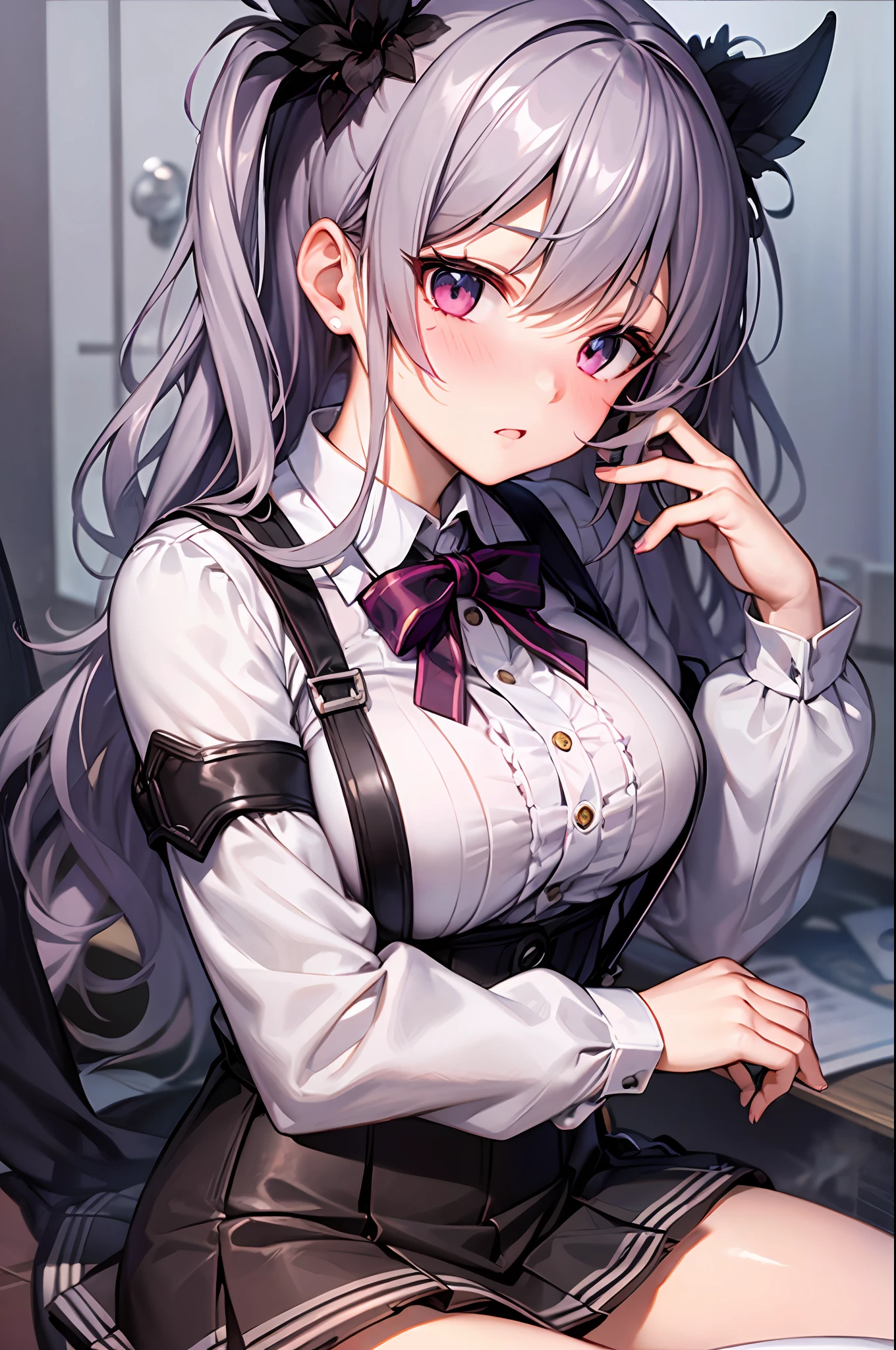 Best Quality, ultra-detailliert, Illustration, silber hair, Aimei, suspenders，skirt by the，embarrassed from，breastsout