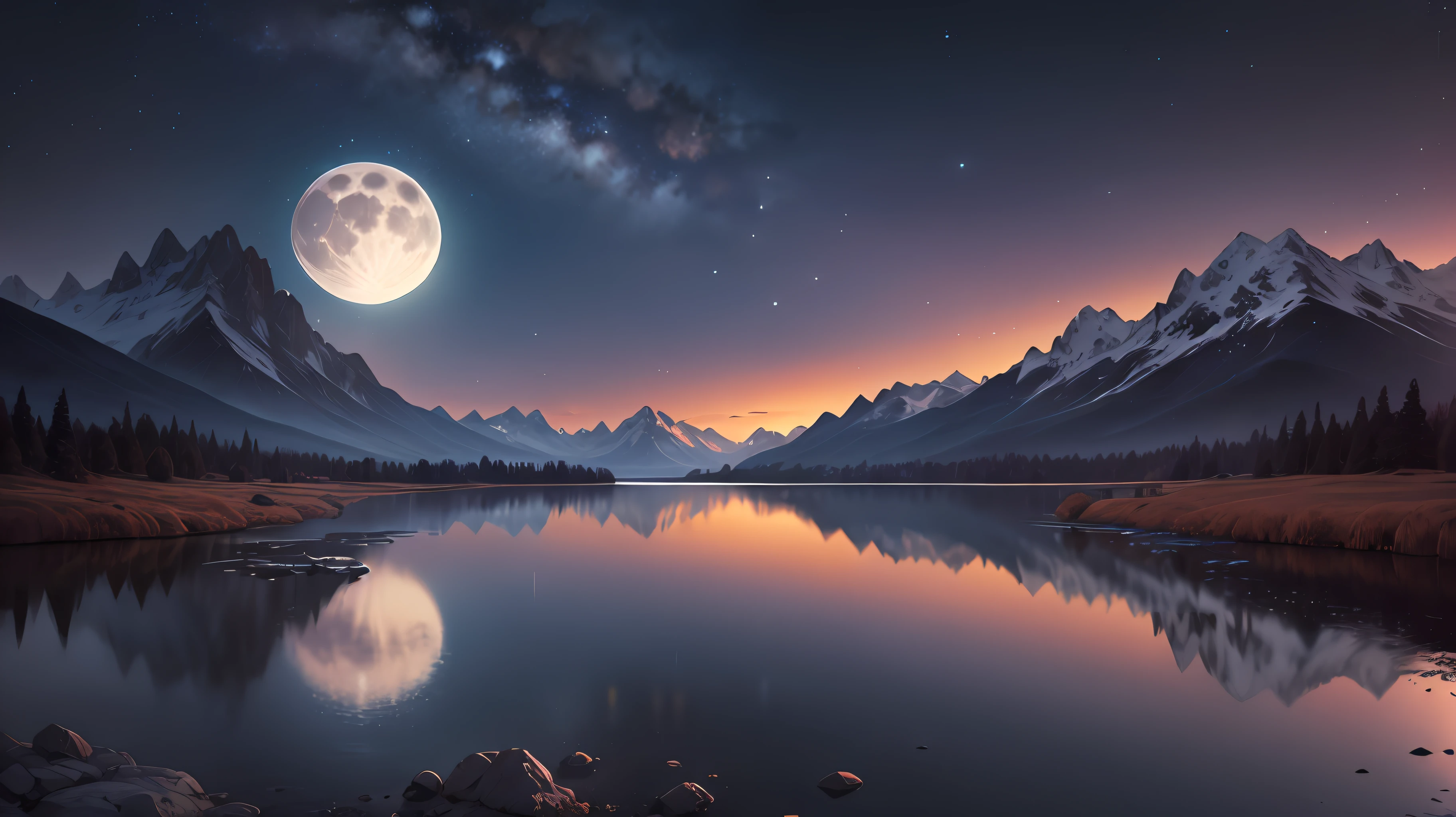 Very starry night. A giant moon behind the mountains. A tranquil lake reflecting the night. Realistic scene, detailed, photorealism, 8k