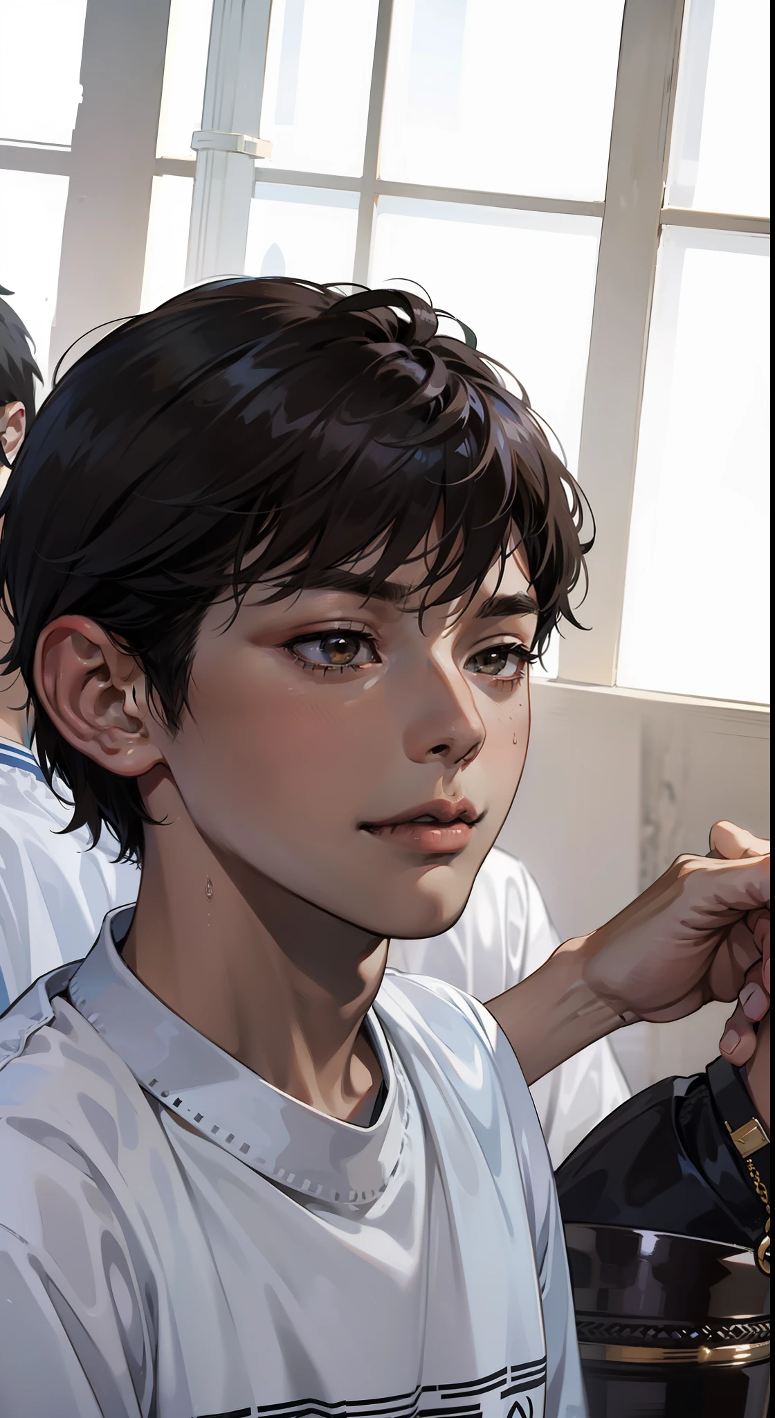 anime boy, brown skin, black short wavy hair, brown eyes, coy smirk, shota, *********** face