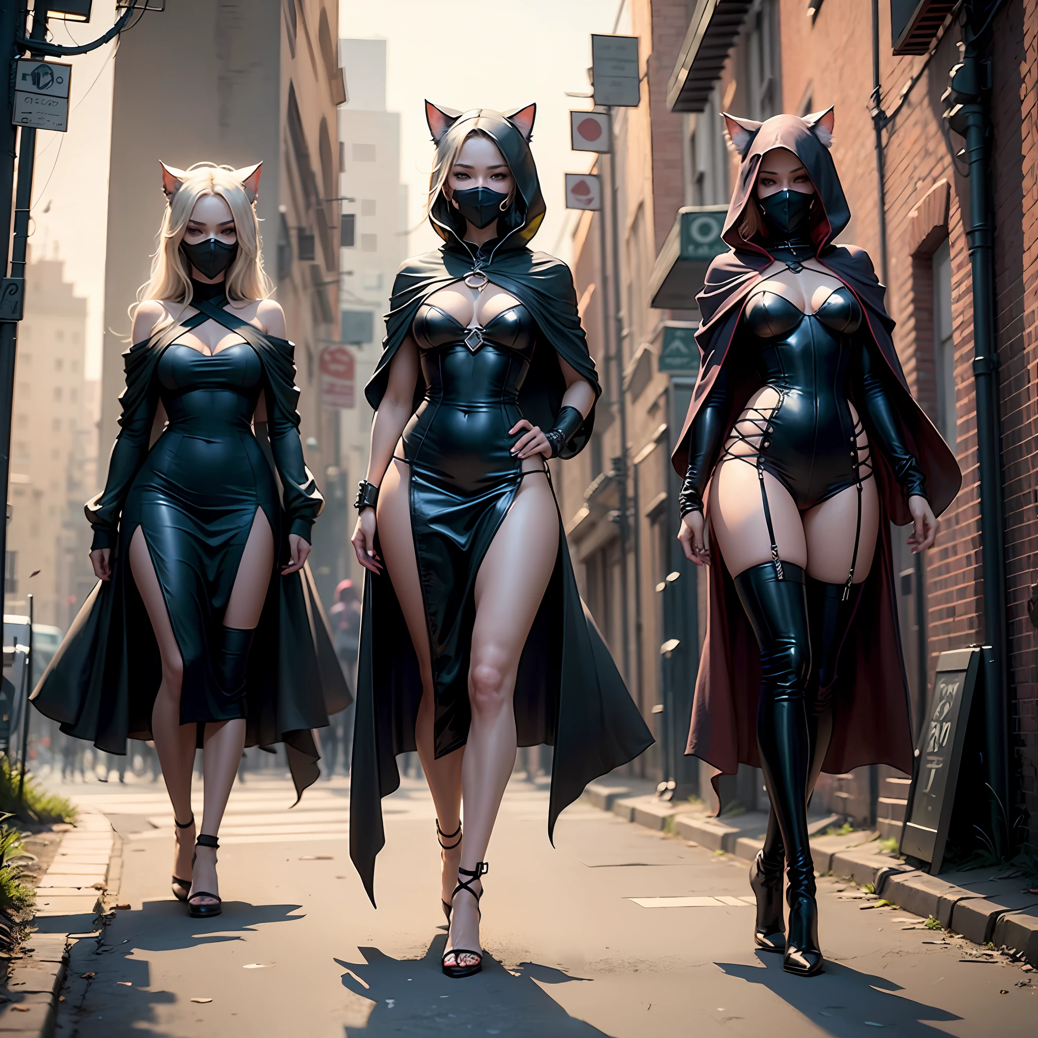 fashionable rpg Rogue cat girl with sexy dark witch dress. Fantasy style outfit. Black leather. Witchcore. Low v cut with slit on the side showing her thigh with a strap that holds daggers. Wearing a cloak with hood slightly covering face. Mischievous smile showing slightly pointed feline teeth. tail peeks from below. Wide hips. Walking down dark alley. --auto