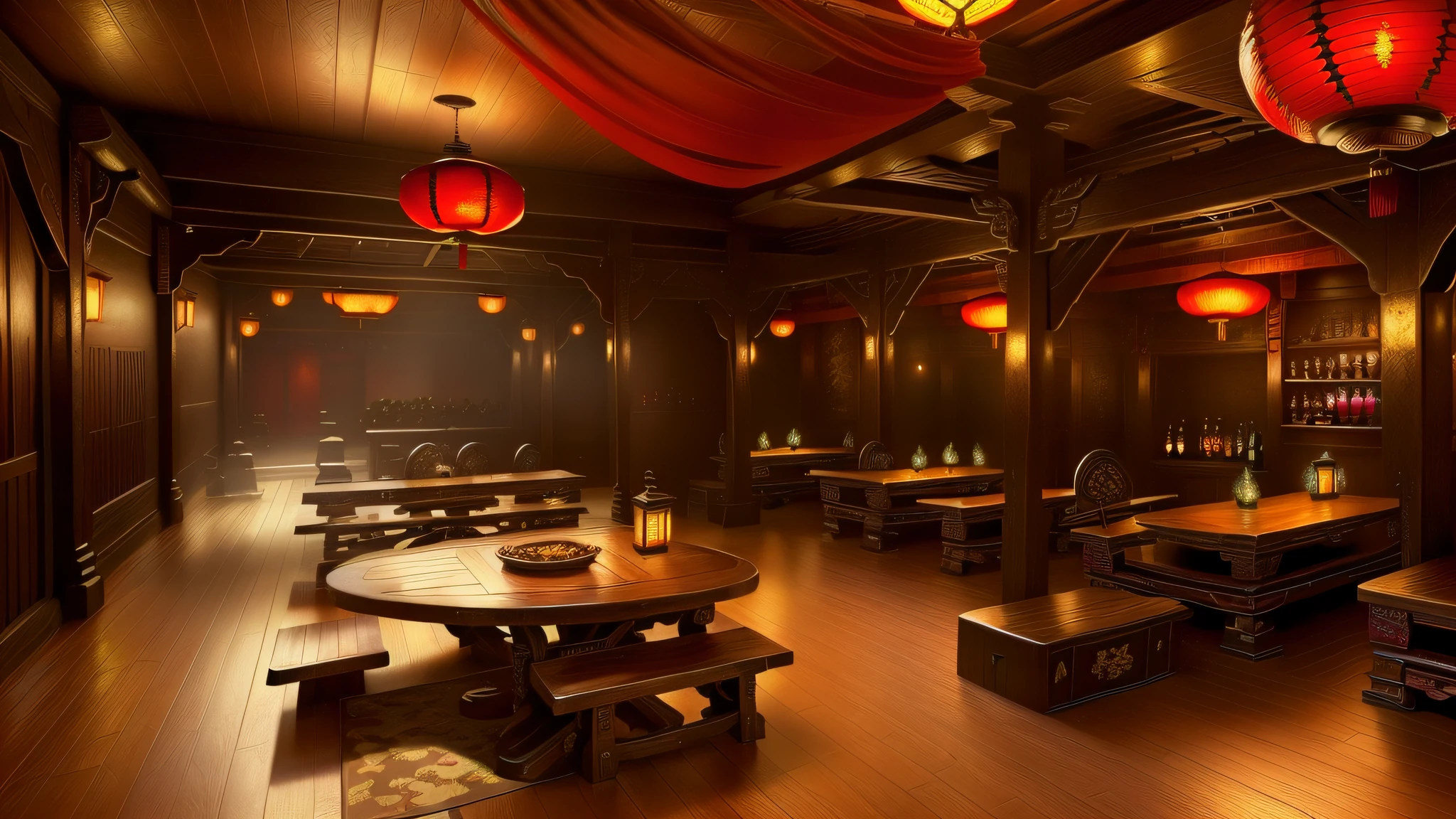((masterpiece)), ((best_quality)), ((ultra_realistic)), wuxia, oriental, japonese, chinese, (very beautiful), There is a room with many tables and benches, in oriental fantasy tavern near the fireplace, Tavern cozy well lit, a multidimensional cozy tavern, oriental tavern, dimly lit cozy tavern, nightlife style taverns, inside a tavern, tavern background, oriental fantasy tavern background, 8k, fullhd, realistic image, 4k hq