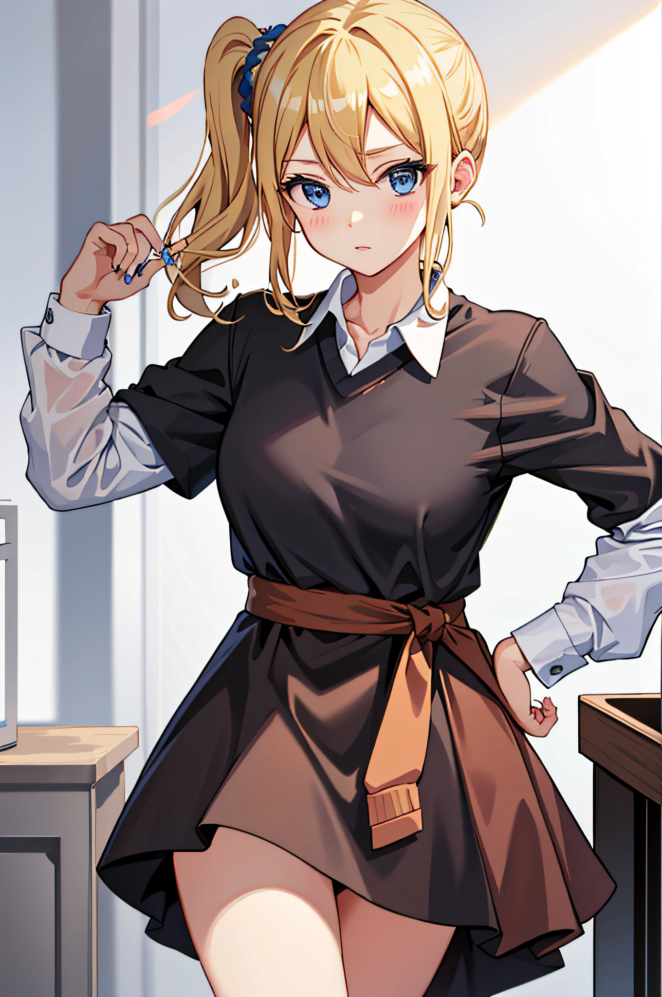 masterpiece, best quality, AiHayasakaV4, 1girl, solo, breasts, looking at viewer, blush, blue eyes, blonde hair, simple background, shirt, hair ornament, white background, hair between eyes, school uniform, white shirt, nail polish, side ponytail, v, scrunchie, hair scrunchie, blue nails, clothes around waist, blue scrunchie, shuuchiin academy school uniform