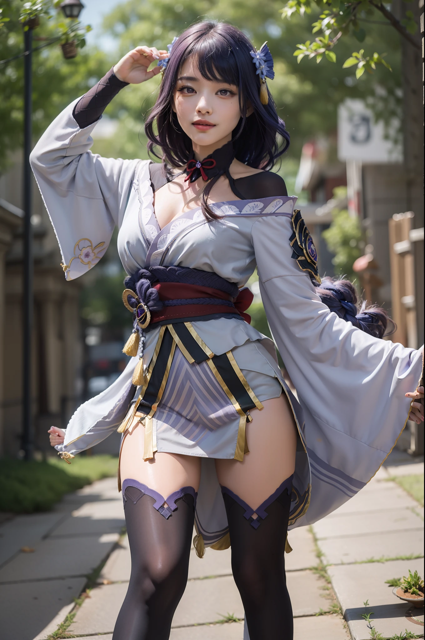 raiden shougun, masterpiece, best quality, ultra detailed, very detailed, candid shot, colorful, realistic lighting, 1girl, tall female, golden ratio, upper body, solo, very detailed, 4k, 8k, light background, purple hair, illustration, 1girl, flowing hair, short bangs, single medium-length braid, single hair ornament, single long sleeve, japanese outfit, light purple kimono, dark purple thigh-high stockings, single short sleeve, lavender eyes, single short sleeve, lavender nail polish, beautiful detailed eyes, black thighhighs, delicate beautiful face, high saturation, no extra arms, no extra legs, colorful splashes, shining, ultra detailed, blue sky, ancient city, ancient east asian architecture, sunrise, full body, dynamic pose, light smile, closed mouth, flowing, upper body, dynamic pose, light smile, closed mouth, flowing, standing, dynamic pose.