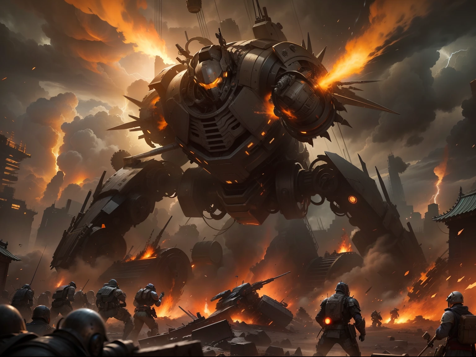 On the battlefield of ancient wars,Huge mechanical combat installations are in a fierce battle。In a cloudy sky,Lightning and lightning,Cast an eerie glow,illuminated the entire battlefield。The metal casing of the combat installation shimmered with a grim sheen,It sets off the atmosphere of gunfire。
Huge mechanical behemoths march across the battlefield,Heavy footsteps shake the earth,Kick up the dust。Their bodies are covered in armor,Full of sharp edges and complex gears。Hot steam gushes out of the mechanism,Create a mysterious and hideous scene。
The combat installation was powered by a complex gear system and a powerful steam engine,Their movement is full of power and majesty。The huge weapon on the metal arm made a deafening sound,Tearing the air,Turn the battlefield into chaos and destruction。
The battle scenes are filled with sparks and the sound of shattering metal,It presents a thrilling and intense atmosphere。The battle between the mechanical behemoths caused the ground to tremble and collapse,The sound of flames and explosions echoed constantly,Form a fanatical picture of war。
This ancient mechanical battle scene shows the combination of technology and war,It gives a mysterious and shocking feeling。The power of machinery combined with the ancient way of warfare,Create a unique artistic style,Let people experience powerful mechanical forces and human creativity。