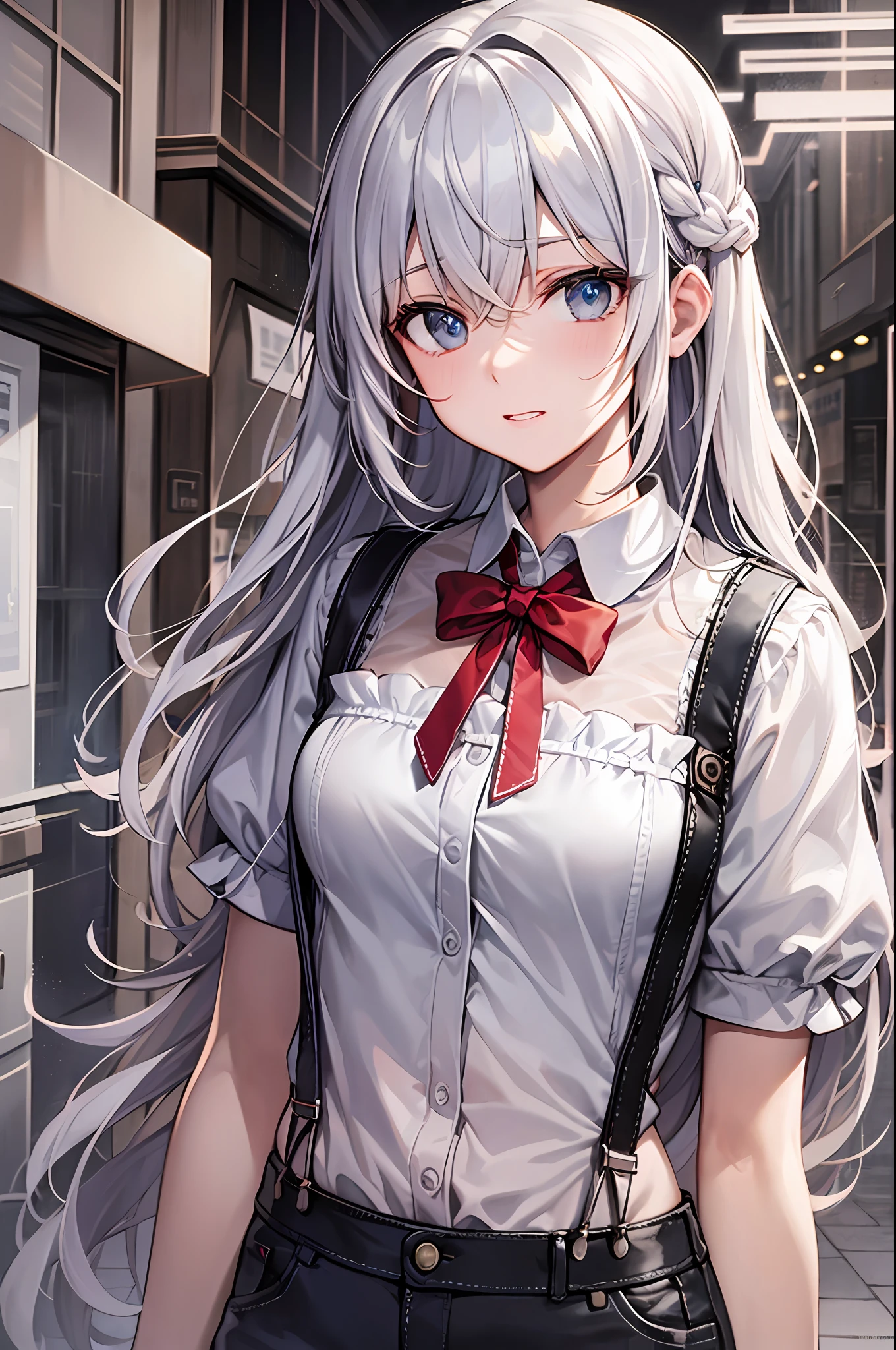 Best Quality, ultra-detailliert, Illustration, silber hair, Aimei, suspenders, embarrassed from