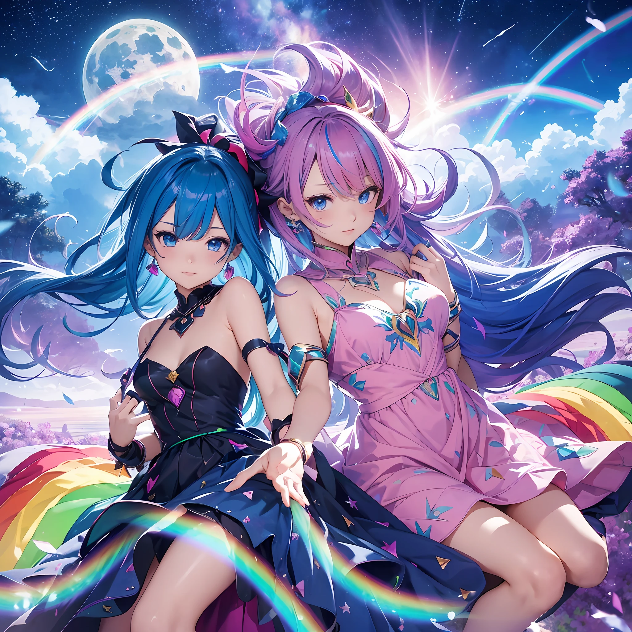 Dark Magician Girl、MKSKS style、2guys、(highly detailed back ground:1.0)、(highly detailed back ground:1.0)、masterpiece、top-quality、An ultra-high picture quality、16 K、Blue eyes、Glittering eyes、From above、Put your hands between your legs、The upper part of the body、Sitting in a plush chair、Twisting the body、Hair ornament with emerald、Reddish cheeks、Smiling、(1/2 pink and 1/2 Light blue hair、rainbow-colored hair)、(Colorful dress with a lot of draping、Rainbow dress:1.3)、Silver necklace、Silver bracelet、Bad hands, bad finger, Missing fingers, Extra fingers、(Blowing in the wind:1.4)、(Ray-like pattern:1.4)、Aurora、night sky full of stars、shooting stars、fullmoon、natta --auto
