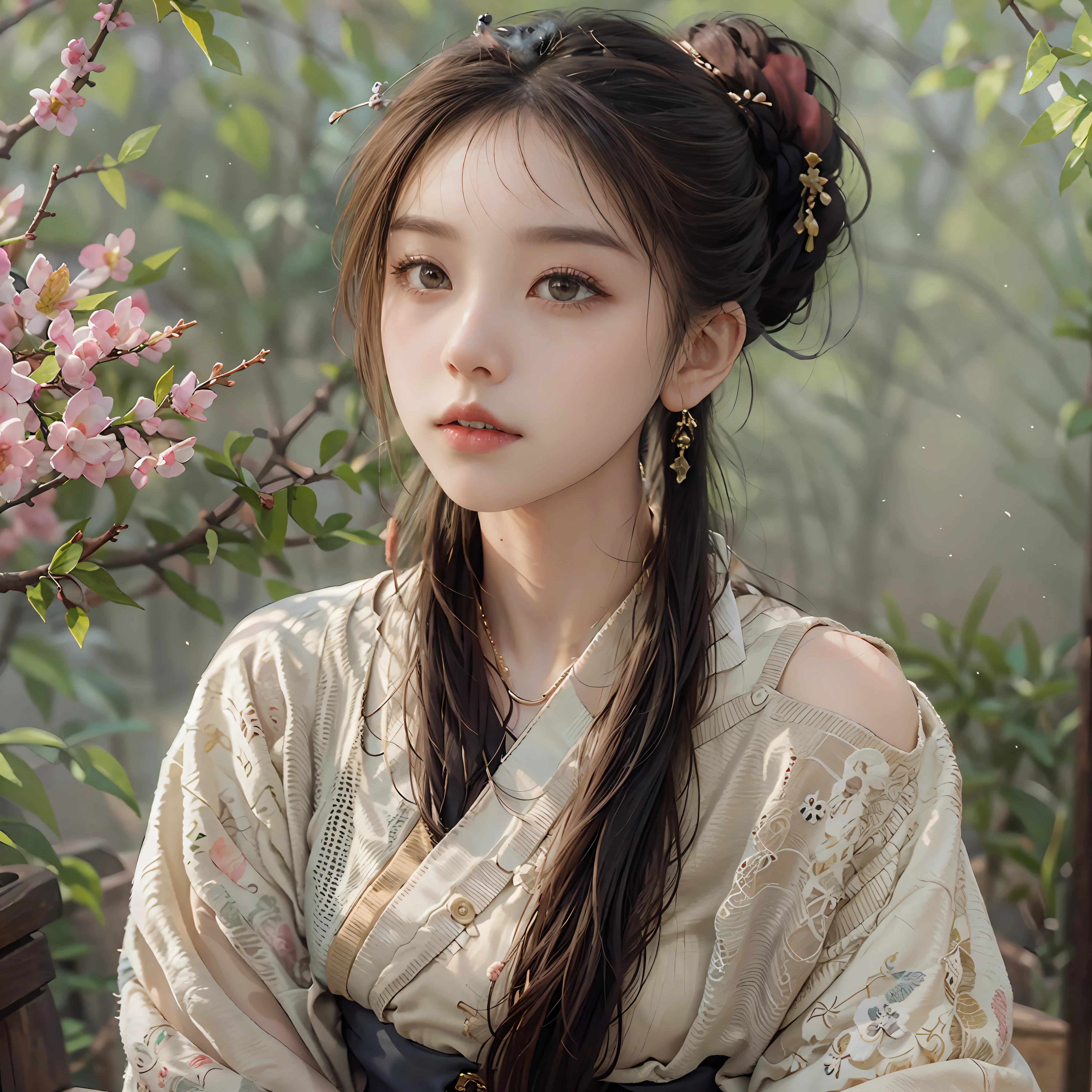 A perfect masterpiece，realisticlying，8K，超高分辨率，Perfect image，Perfect detailing，Very detailed facial details，detailed hairs，Perfect light，Perfect halo，perfect shadow，Pink cheeks，Face lighting。

（Look ahead）Mature female in her 20s，lovely and delicate，with dynamism，Wear a Chinese cheongsam（torn laundry），Long hair with a shawl，Hair is braided on both sides，Seductive eye，Tall nose，Moisturized lips，a face with perfect proportion，prefect symmetrical face，bangle，choker necklace，Slightly larger breasts，busty figure，Thin waist and wide hips，a plump buttocks，Perfect body proportion，Natural head-to-body ratios，delicate finger，Sexy groin（Rich in detail），Very consistent with human anatomy。

On a bench in the park，sitted，Place your left hand between your legs，As graceful as a swan，Breathtaking。

It is surrounded by Chinese-style buildings，full body shot of，depth of fields，dramatic shot，dyna，perfect shot，Naturally beautiful。