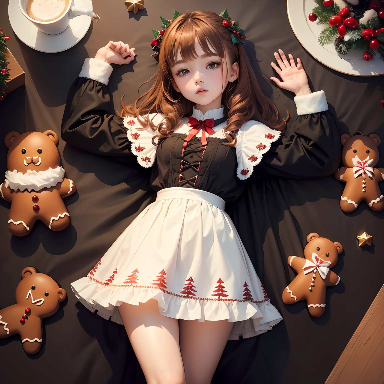 (christmas:1.1,Gingerbread Man:1.2,little bear:1.1)The entire outfit is rich in details，lace-up，Lined hem，Pleated design，Dark black tones，Pastry small floral pattern design，Sweet and funny，Waiting for you to choose。 --auto