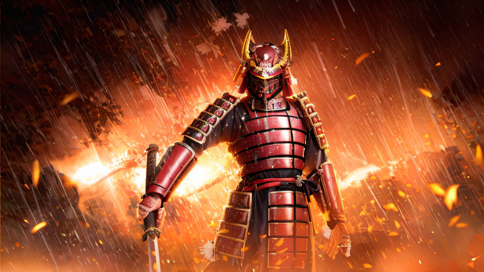 There's a man in a Samurai costume standing in the rain, epic samurai warrrior, inspired by Kanō Sanraku, demon samurai warrior, guerreiro Samurai, Demon Samurai, vestido com armadura Samurai, Samurai ciborgue, japanese warrior, Samurai, Armadura Samurai, inspired by Kanō Hōgai, como Samurai, estilo Samurai, feudal japan art --auto