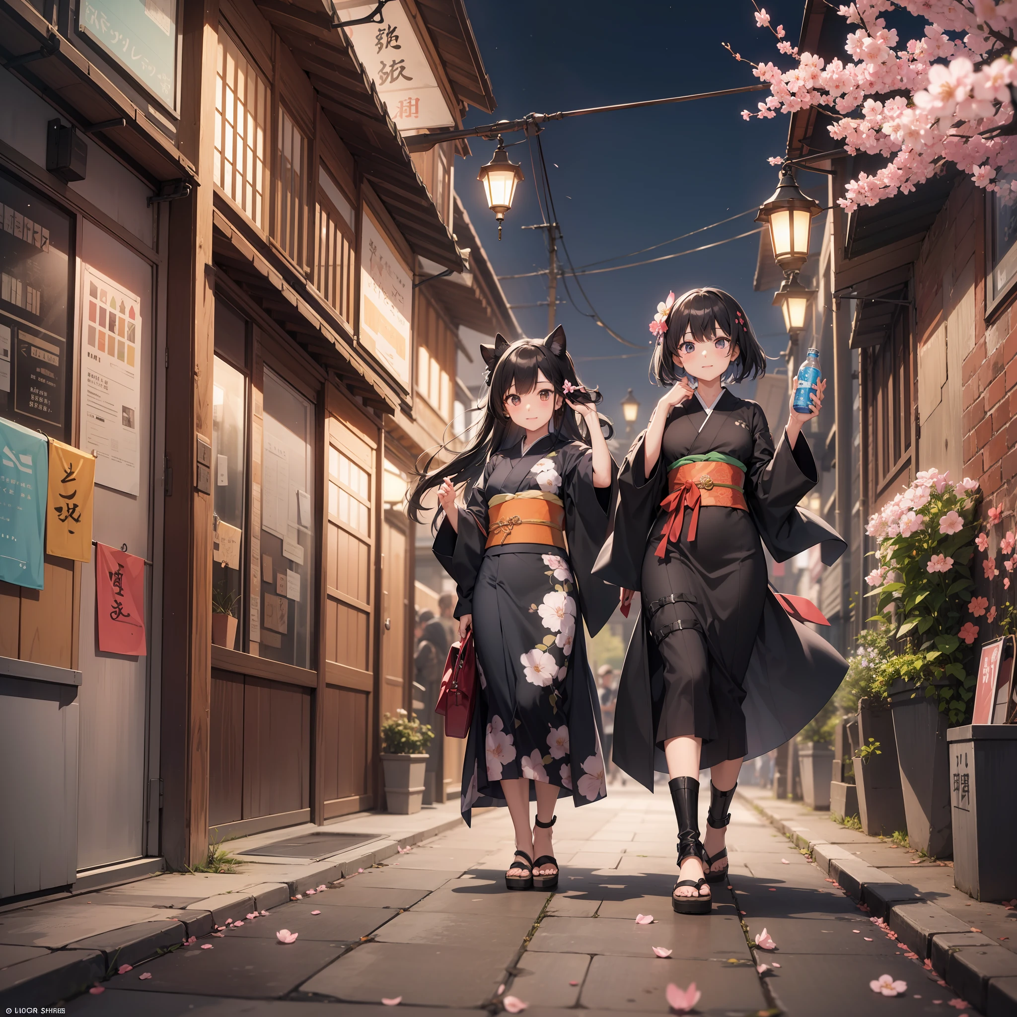 Top image quality　Original Characters、Volume Lighting、Black Long Hair、Large plastic bottle in hand、Summer kimono、cyborgs、Cherry blossoms blooming in the underground dungeon