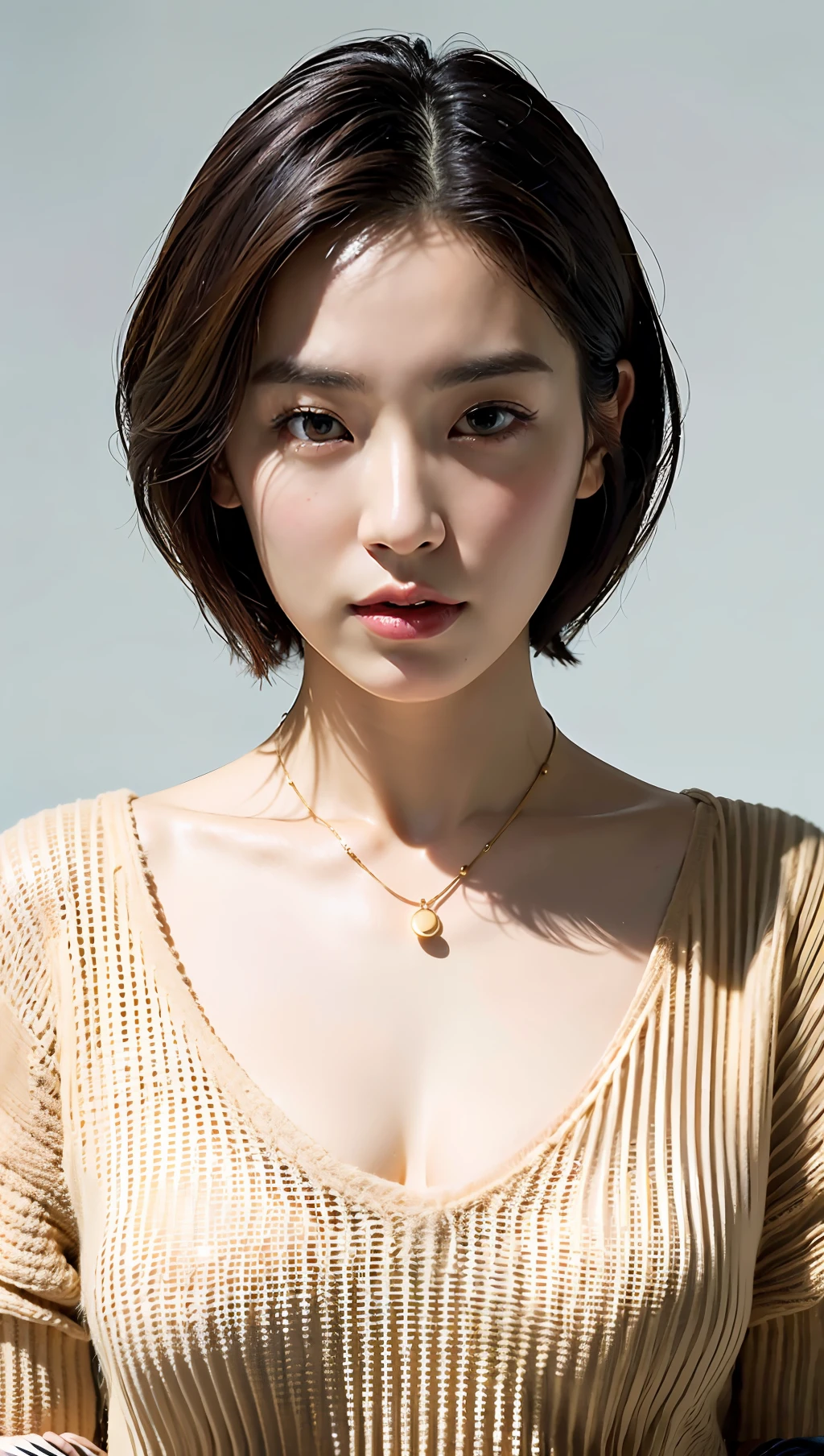 (Best quality, 8k, 32k, Masterpiece, UHD:1.2),Photo of Pretty Japanese woman, large breasts, very short bob hair,upper body,face focus,oversized_sweater, necklace, simple background, from above, looking at viewer,